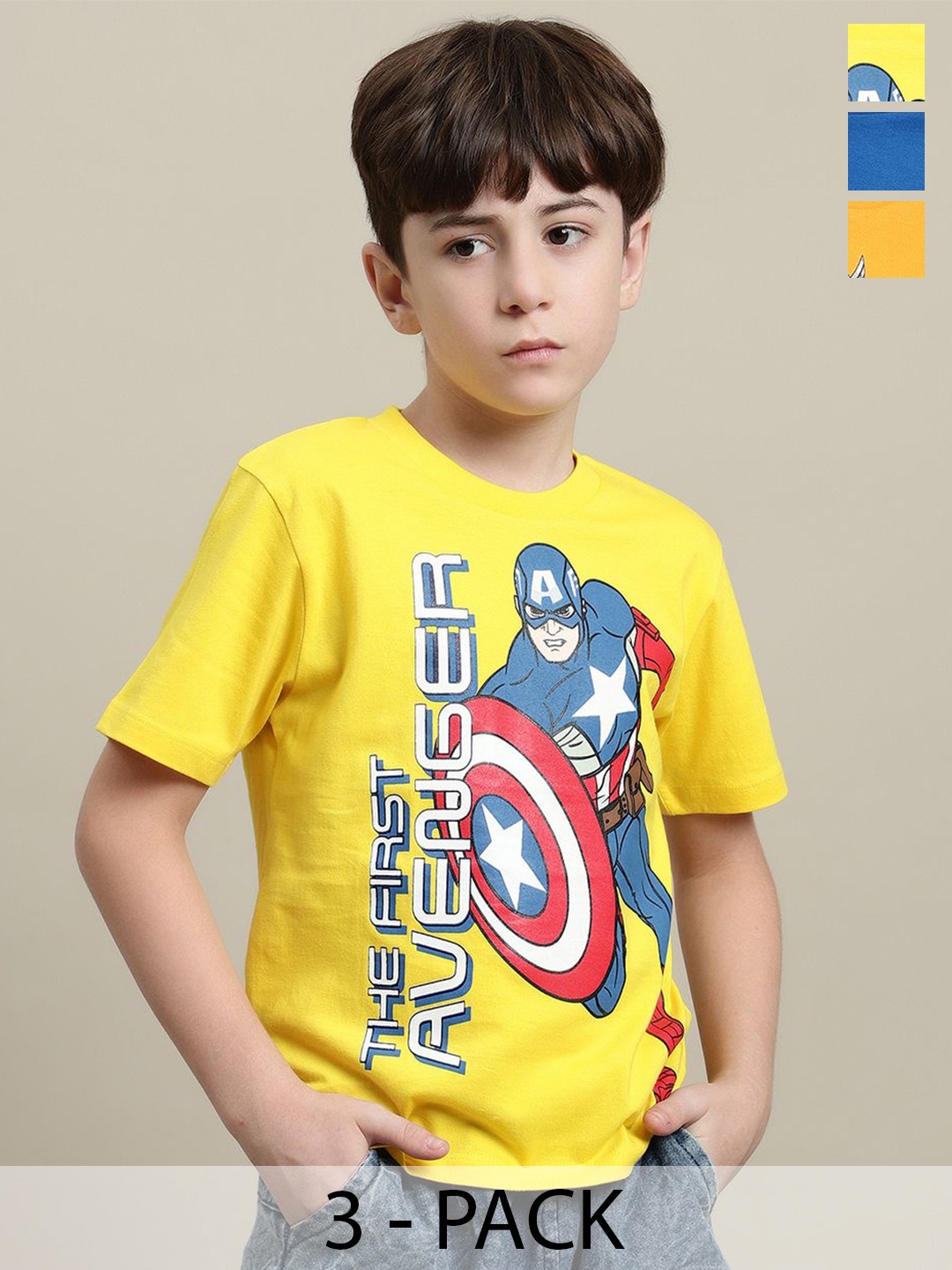 

Kids Ville Boys Pack Of 3 Avengers Printed Pure Cotton T-shirt, Yellow