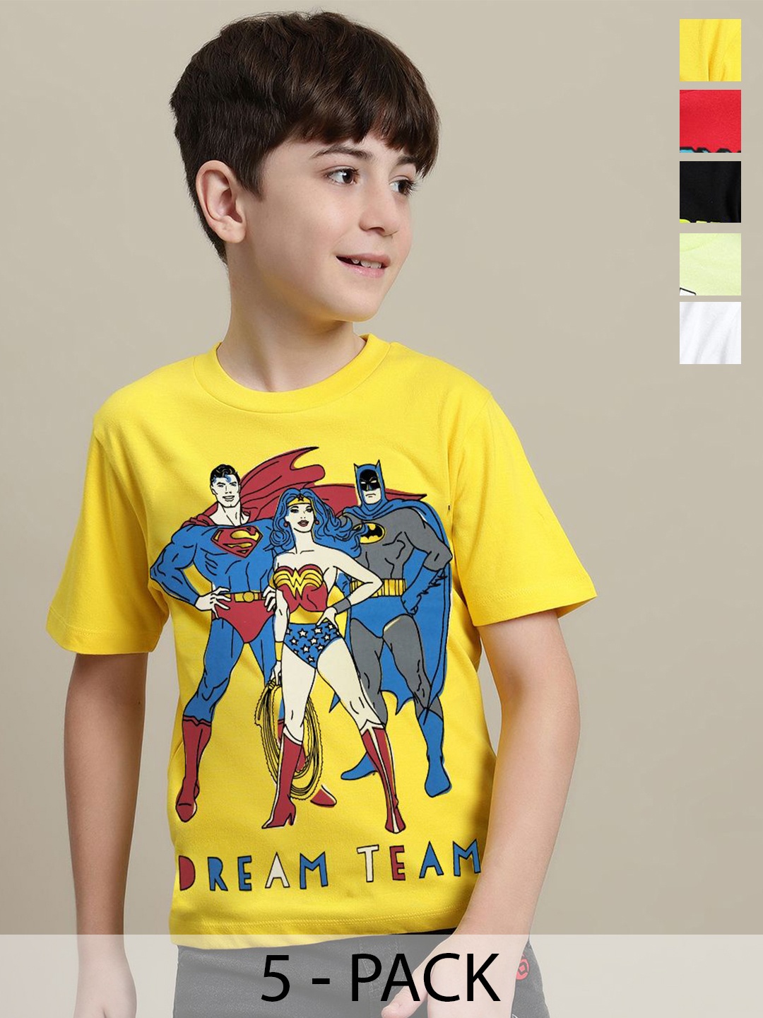 

Kids Ville Boys Pack Of 5 DC Comics Printed Pure Cotton T-shirt, Yellow