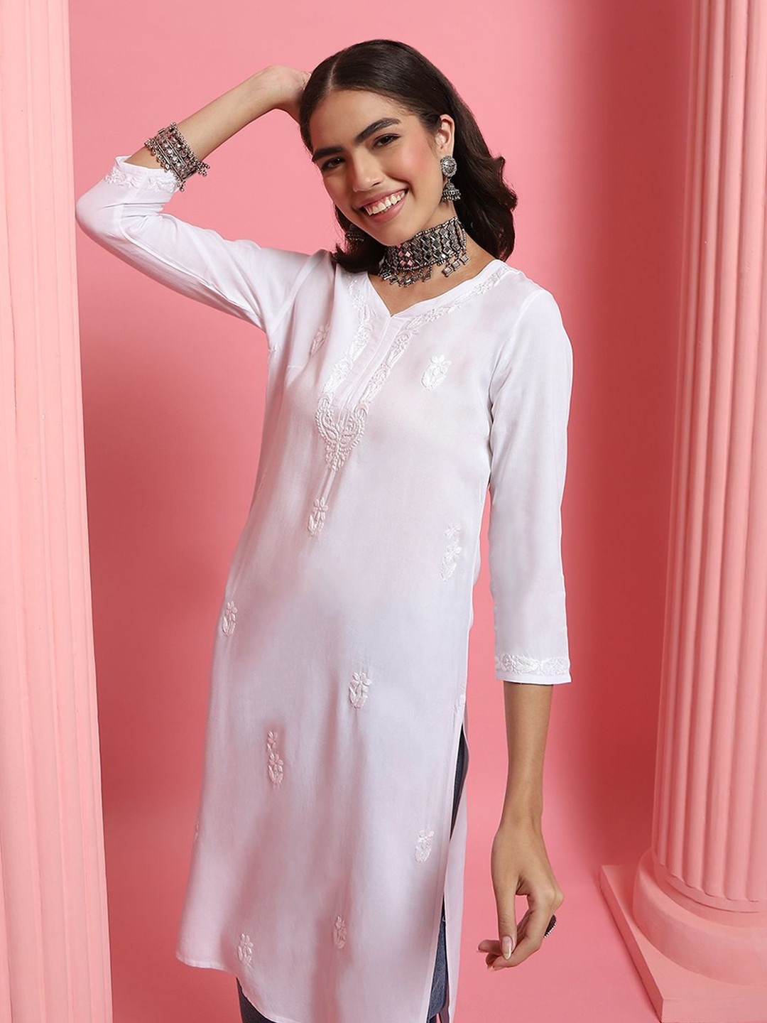 

House of Chikankari Chikankari Woven Kurta, White