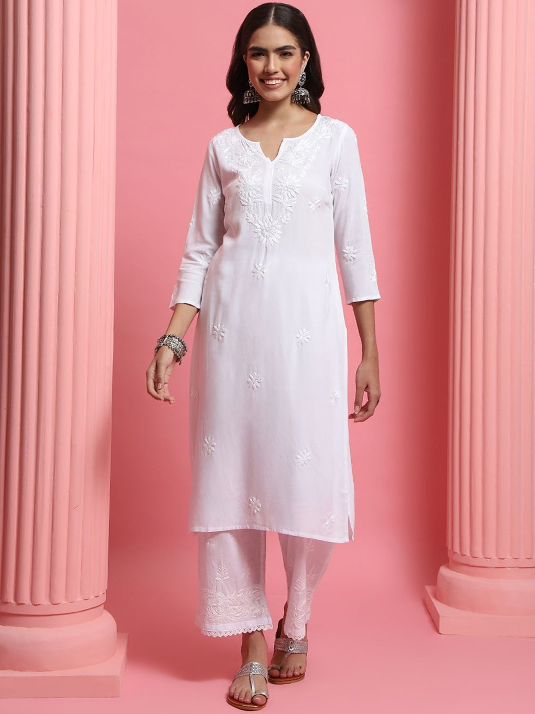 

House of Chikankari Women Yoke Design Flared Sleeves Chikankari Anarkali Kurta, White