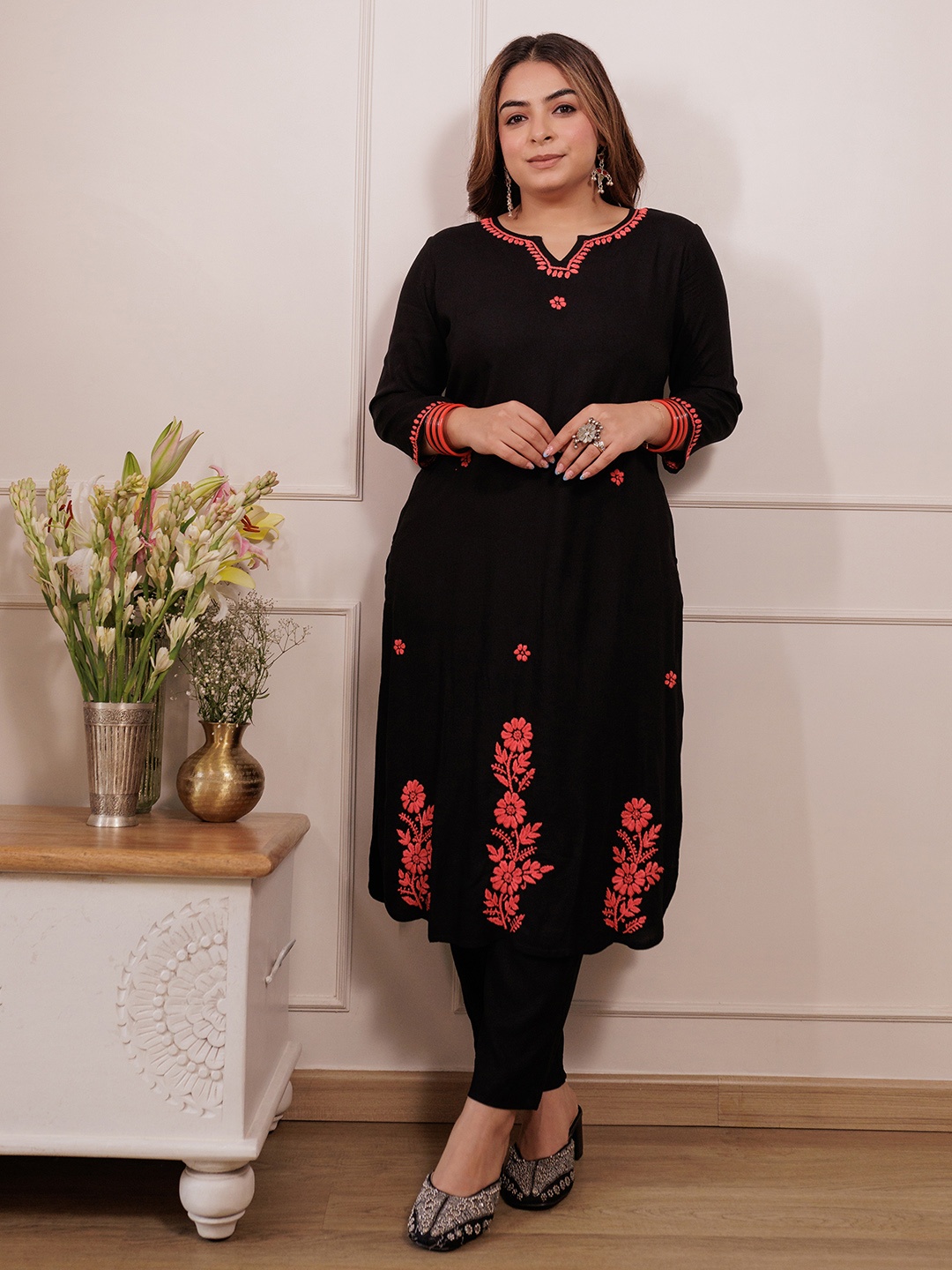 

House of Chikankari Chikankari Printed Kurta, Black