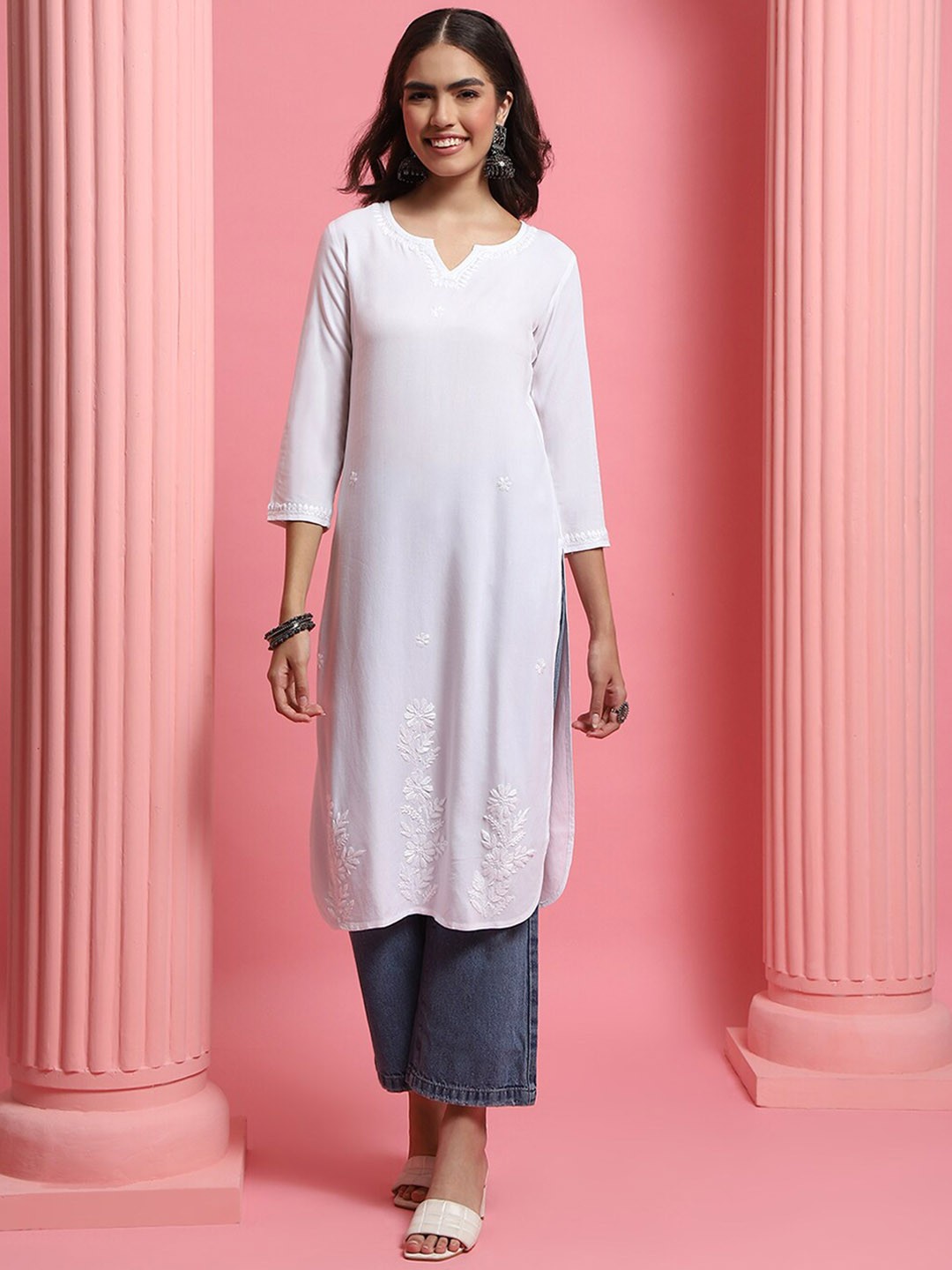 

House of Chikankari Chikankari Woven Kurta, White