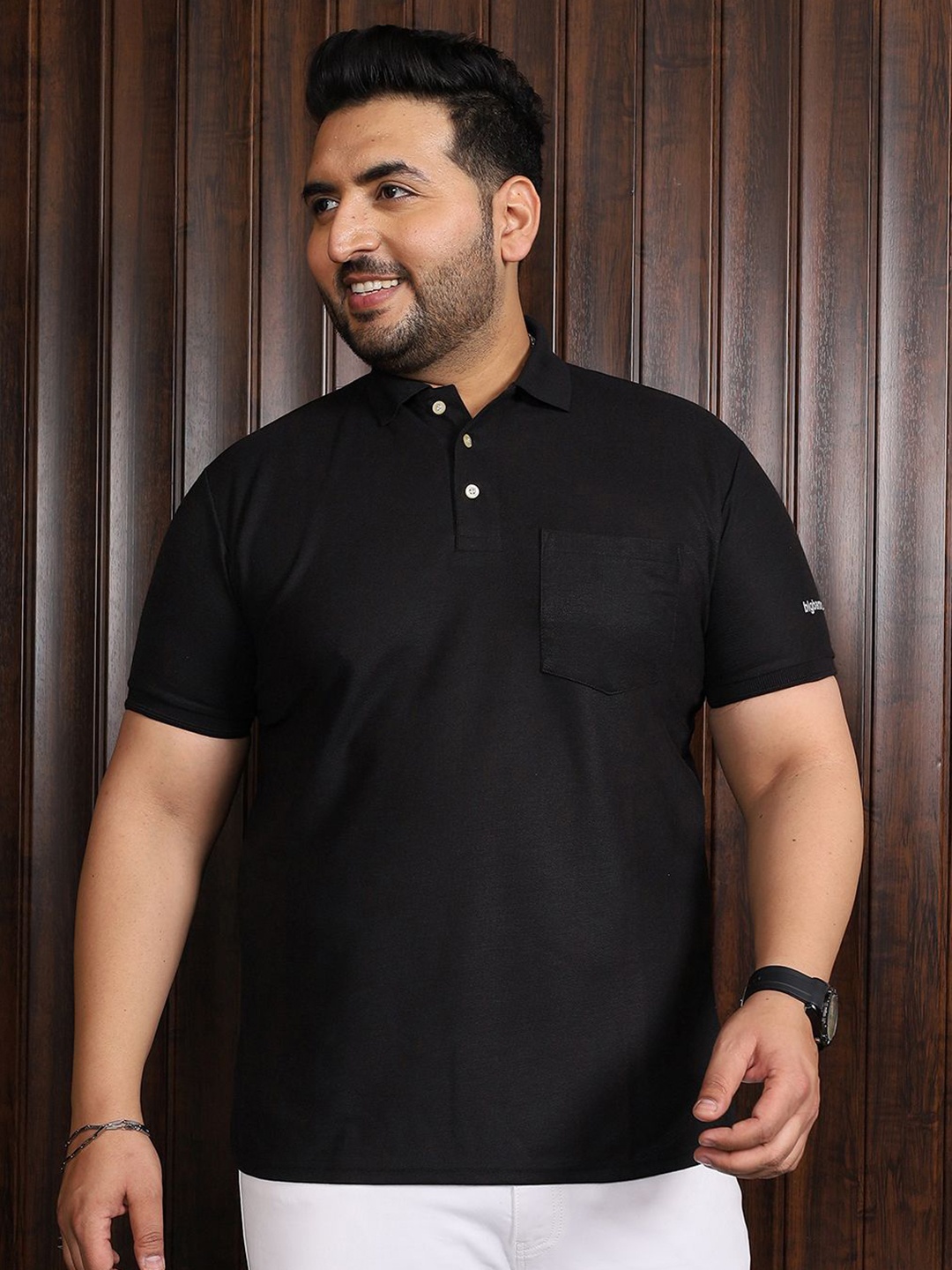 

bigbanana Men Solid Polo Collar Pockets Bio Finish Plus Size T-shirt, Black