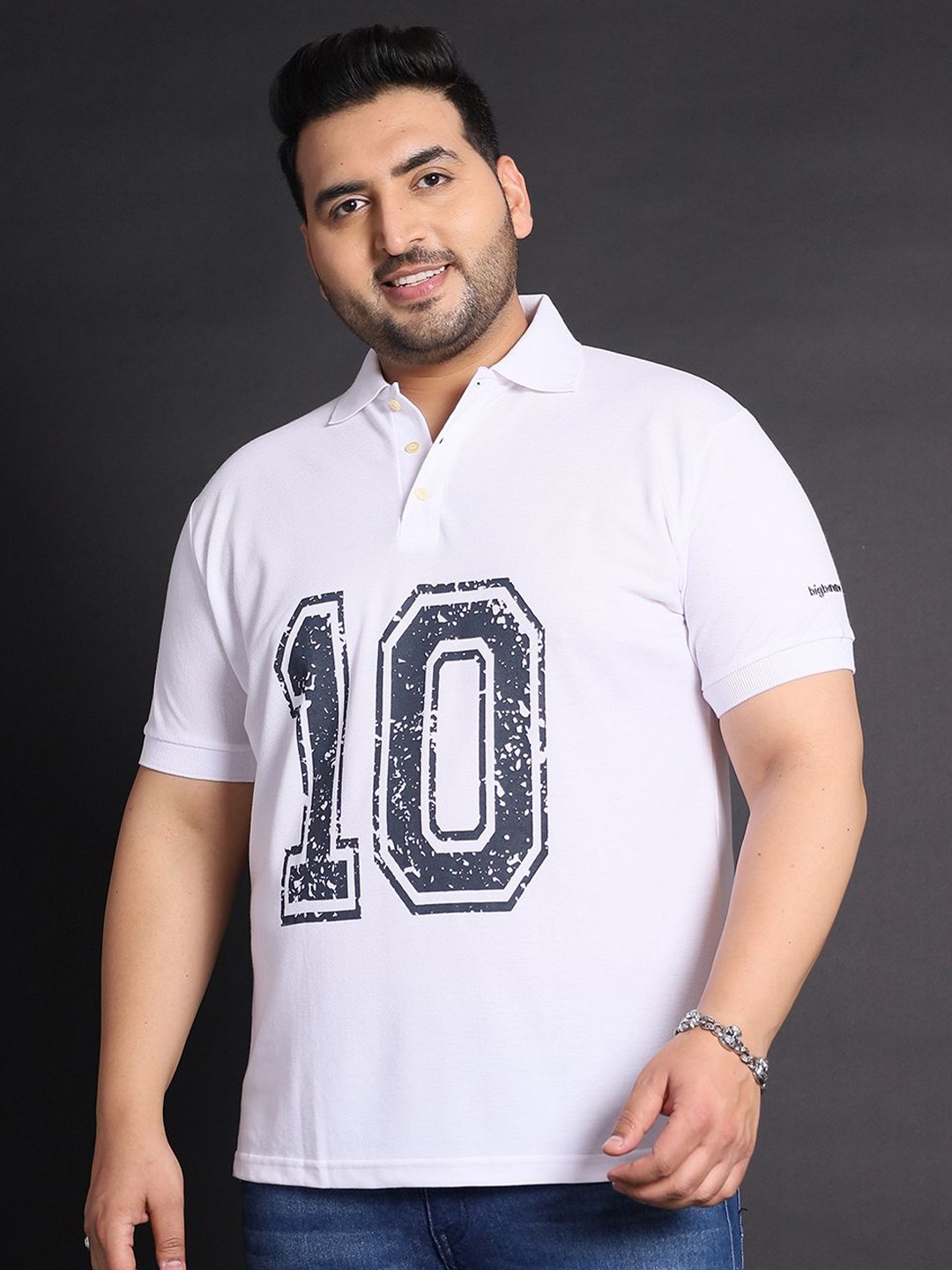 

bigbanana Men Varsity Printed Polo Collar Cotton Bio Finish Plus Size T-shirt, White