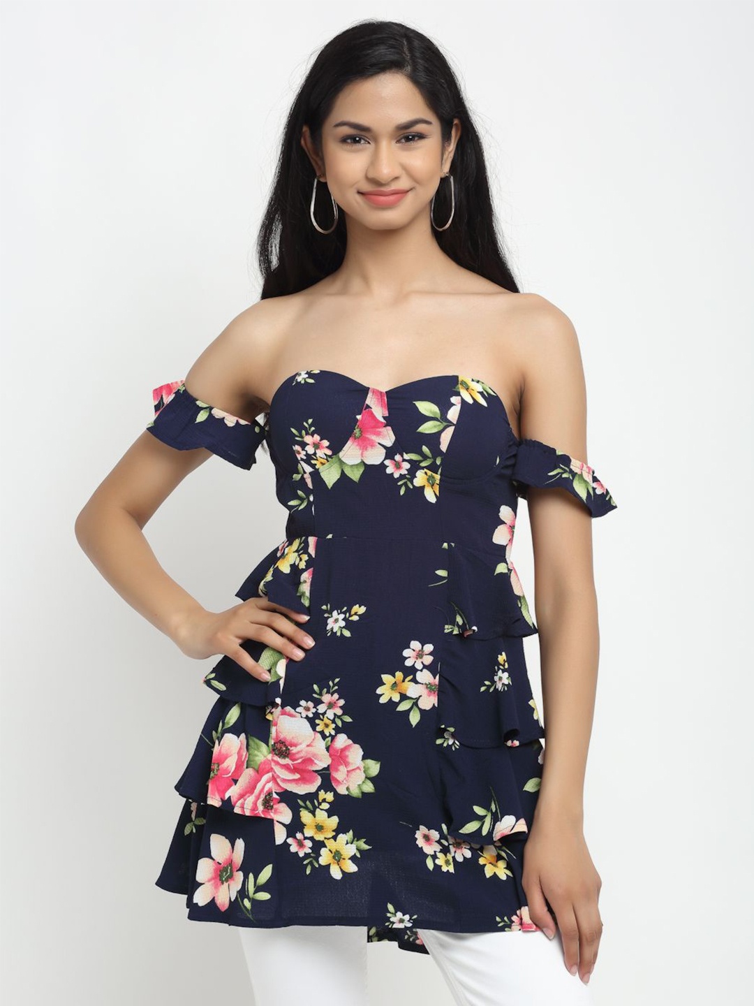 

Global Republic Floral Print Bardot Longline Top, Navy blue