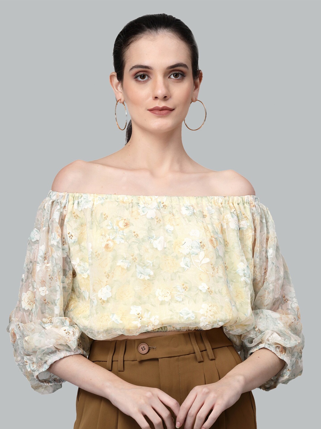 

Global Republic Floral Print Off-Shoulder Puff Sleeve Bardot Top, Yellow