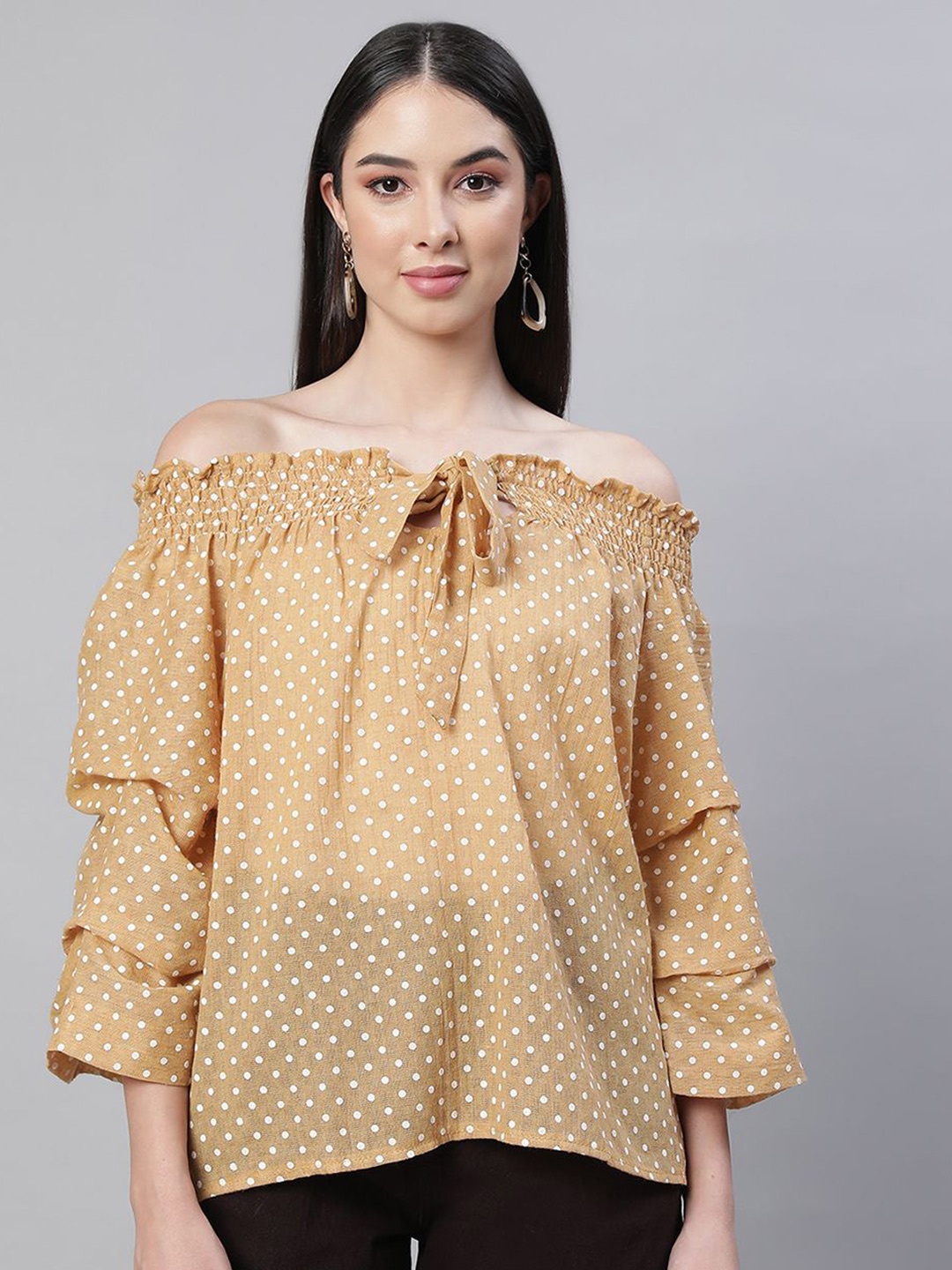 

Global Republic Polka Dot Print Off-Shoulder Bell Sleeve Bardot Top, Yellow