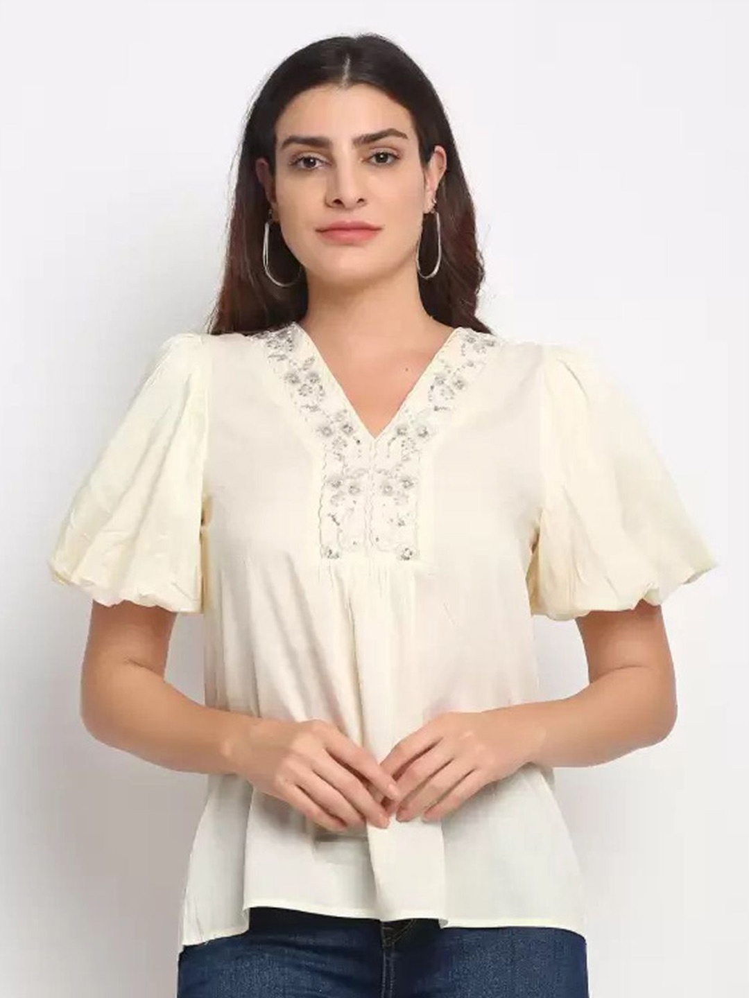 

Global Republic Puff Sleeve Top, Beige