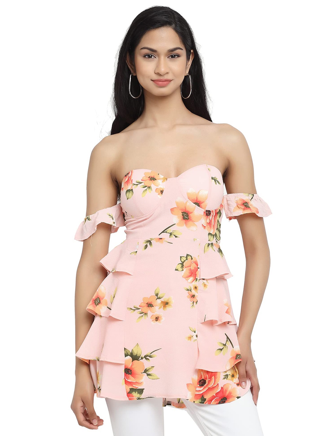 

Global Republic Floral Print Layered Strapless Tube Top, Pink