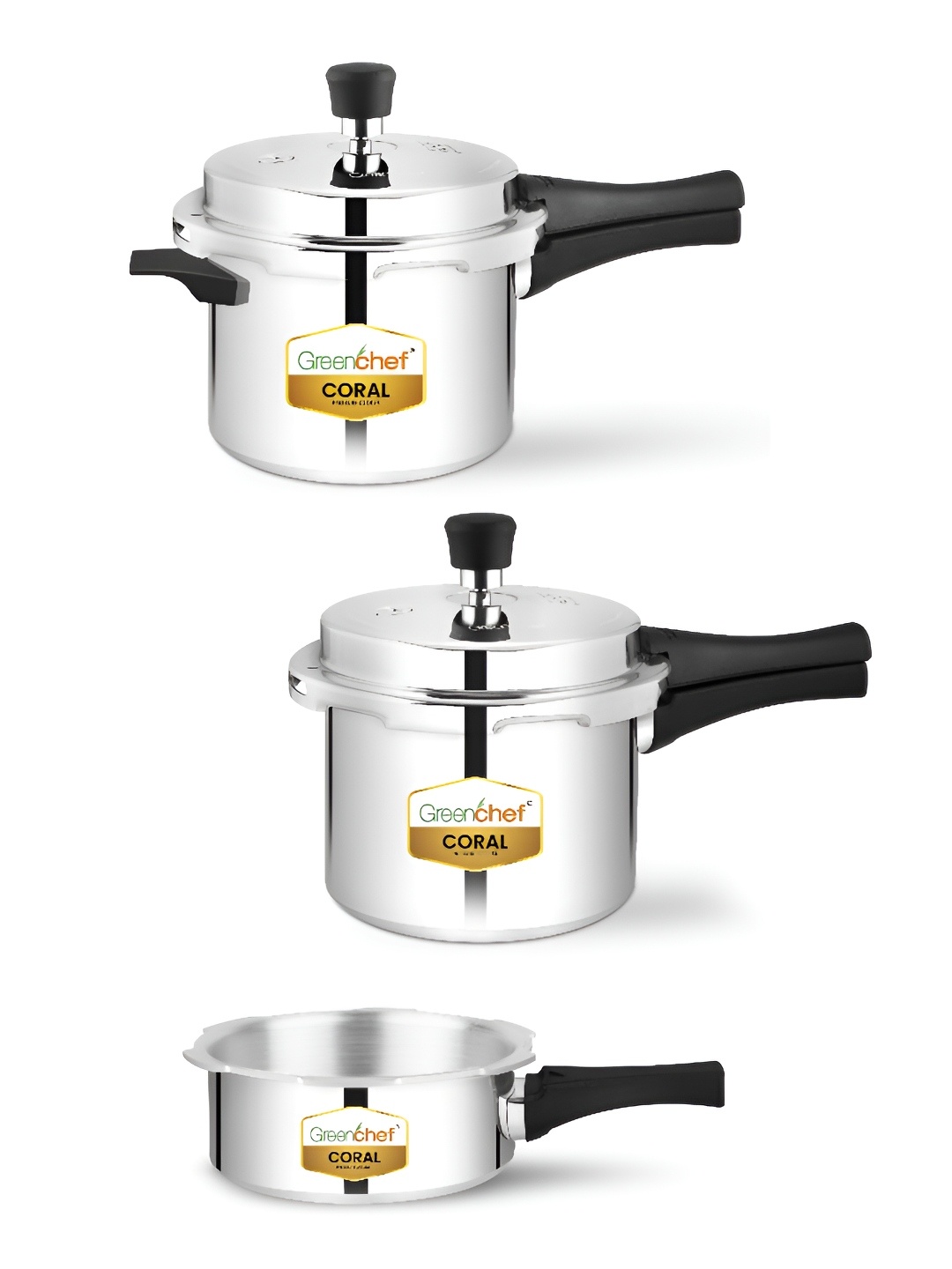

Greenchef Silver-Toned & Black 3Pieces Stainless Steel Pressure Cookers