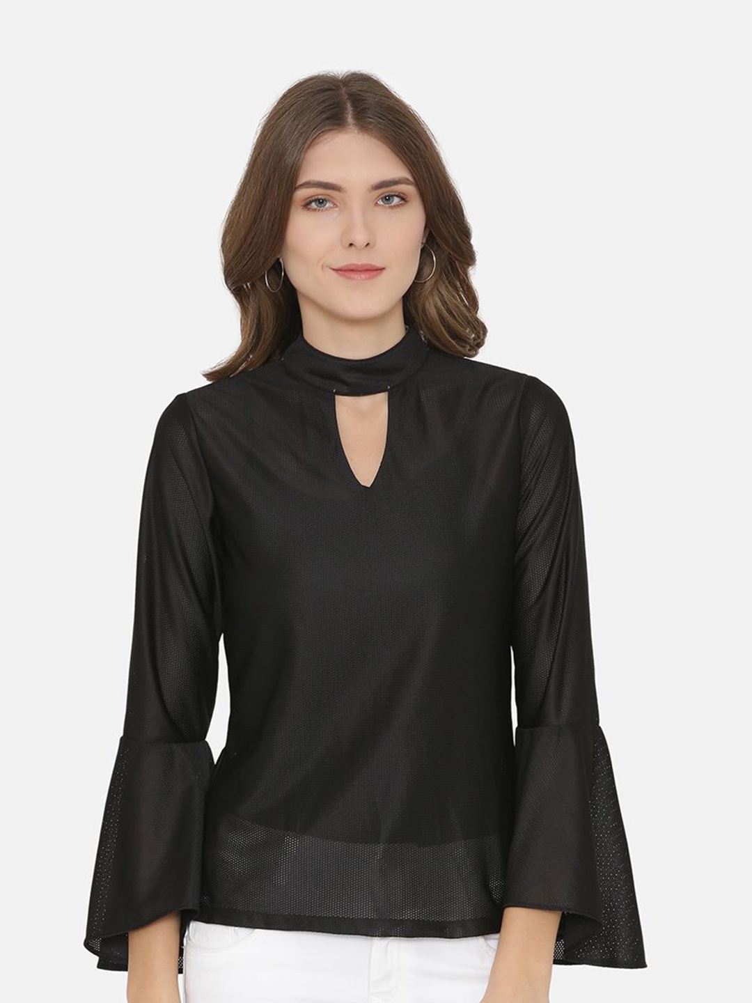 

Yaadleen Keyhole Neck Bell Sleeve Top, Black