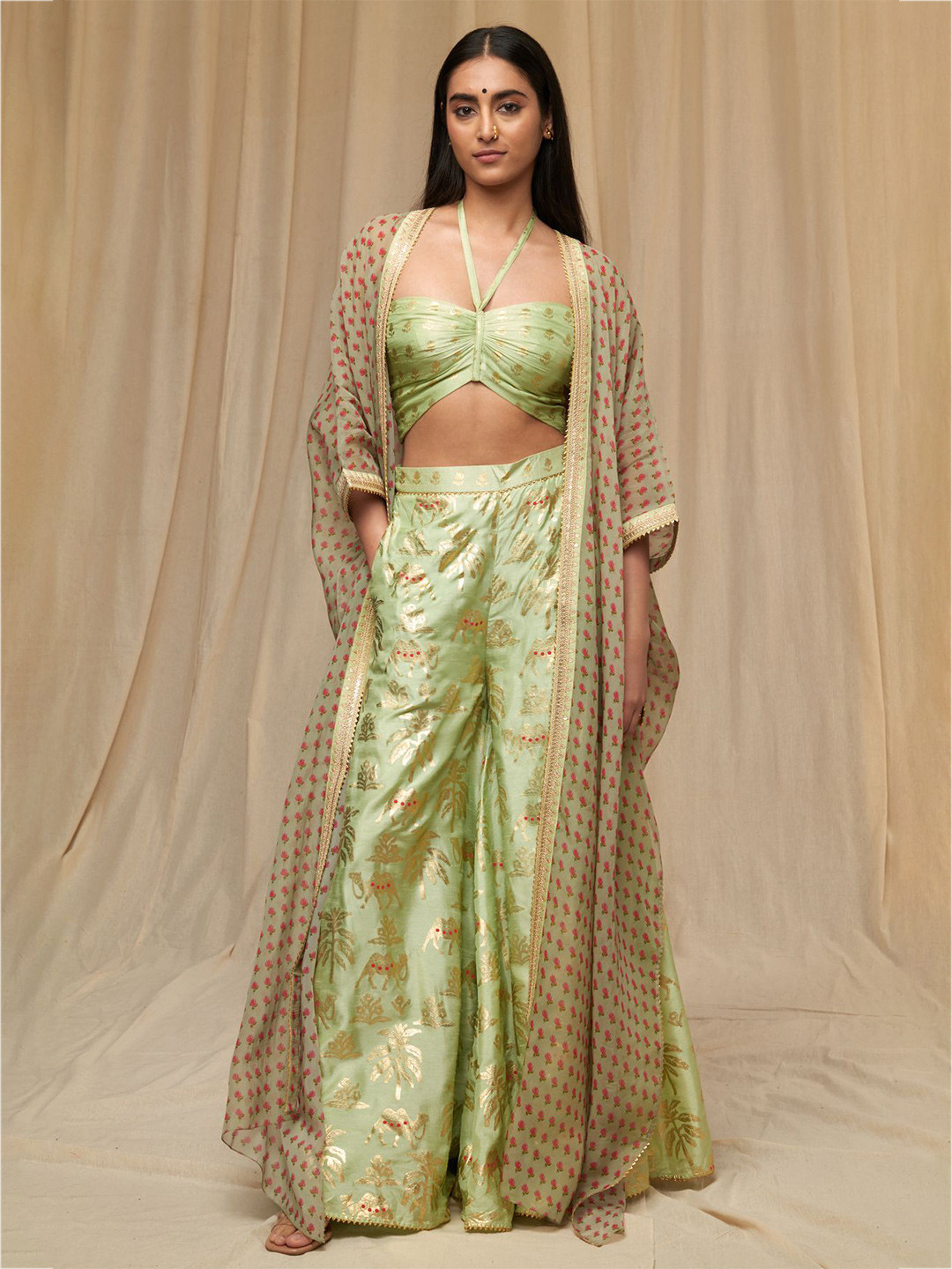 

Masaba Printed Top, Palazzo & Shrug Co-Ords Set, Green