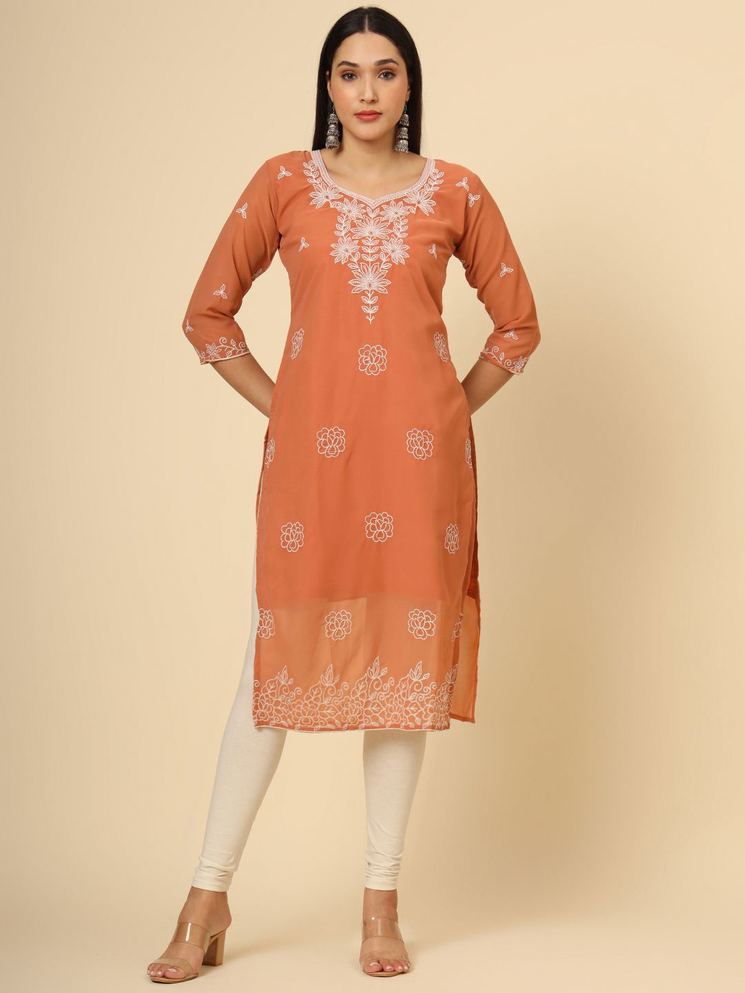 

Ekasya Women Ethnic Motifs Embroidered Sequinned Floral Georgette Kurta, Orange