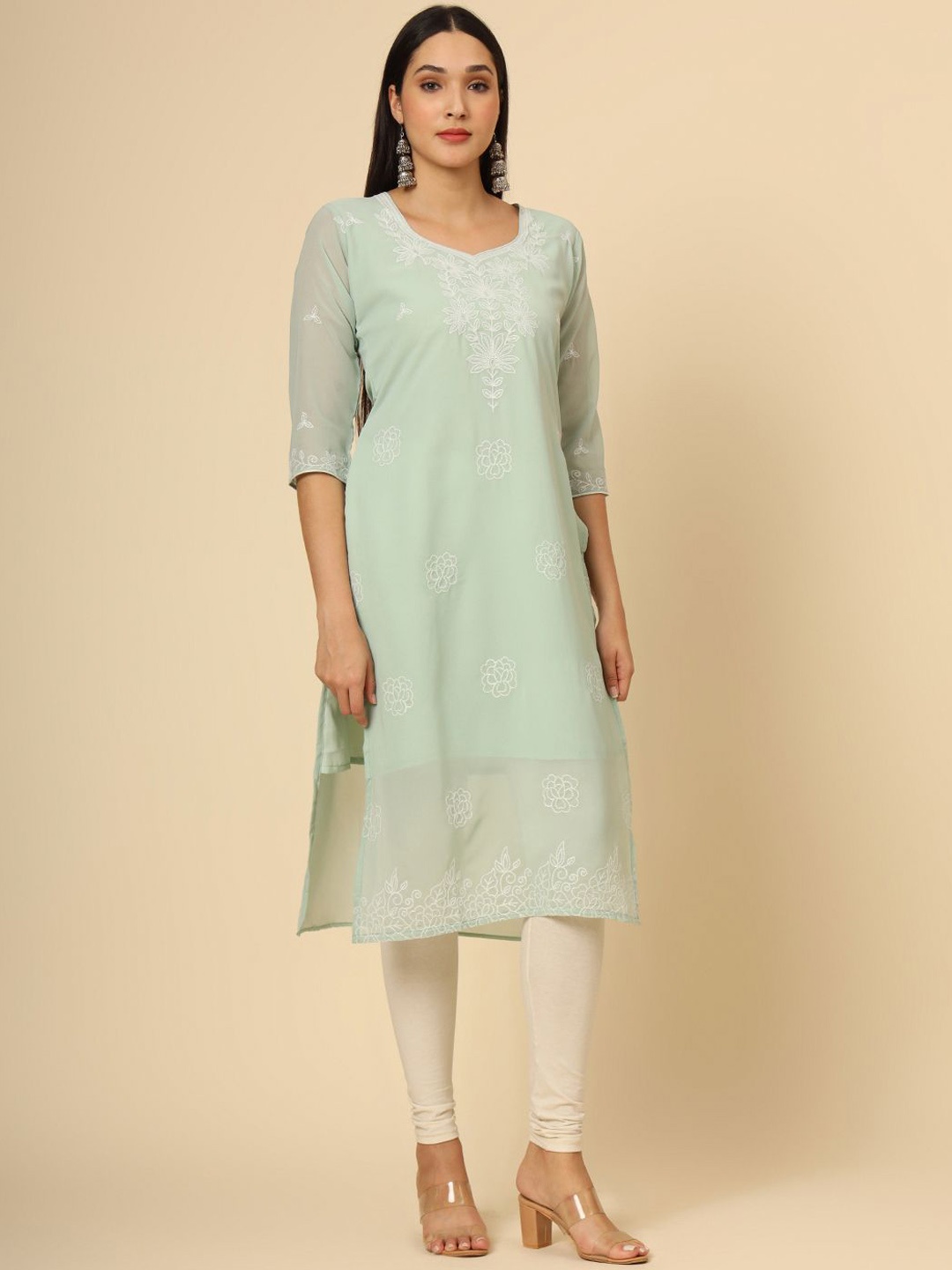 

Ekasya Floral Embroidered Chikankari Georgette Straight Kurta, Olive