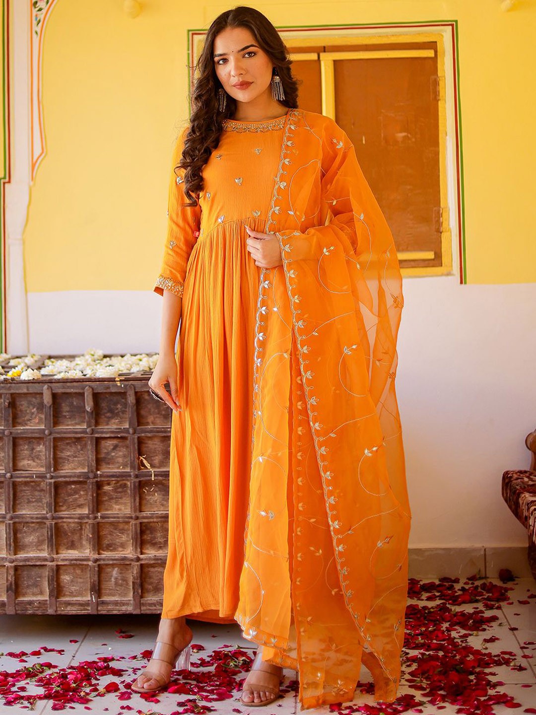 VASVI Floral Yoke Design Thread Work Anarkali Kurta With Dupatta, Orange