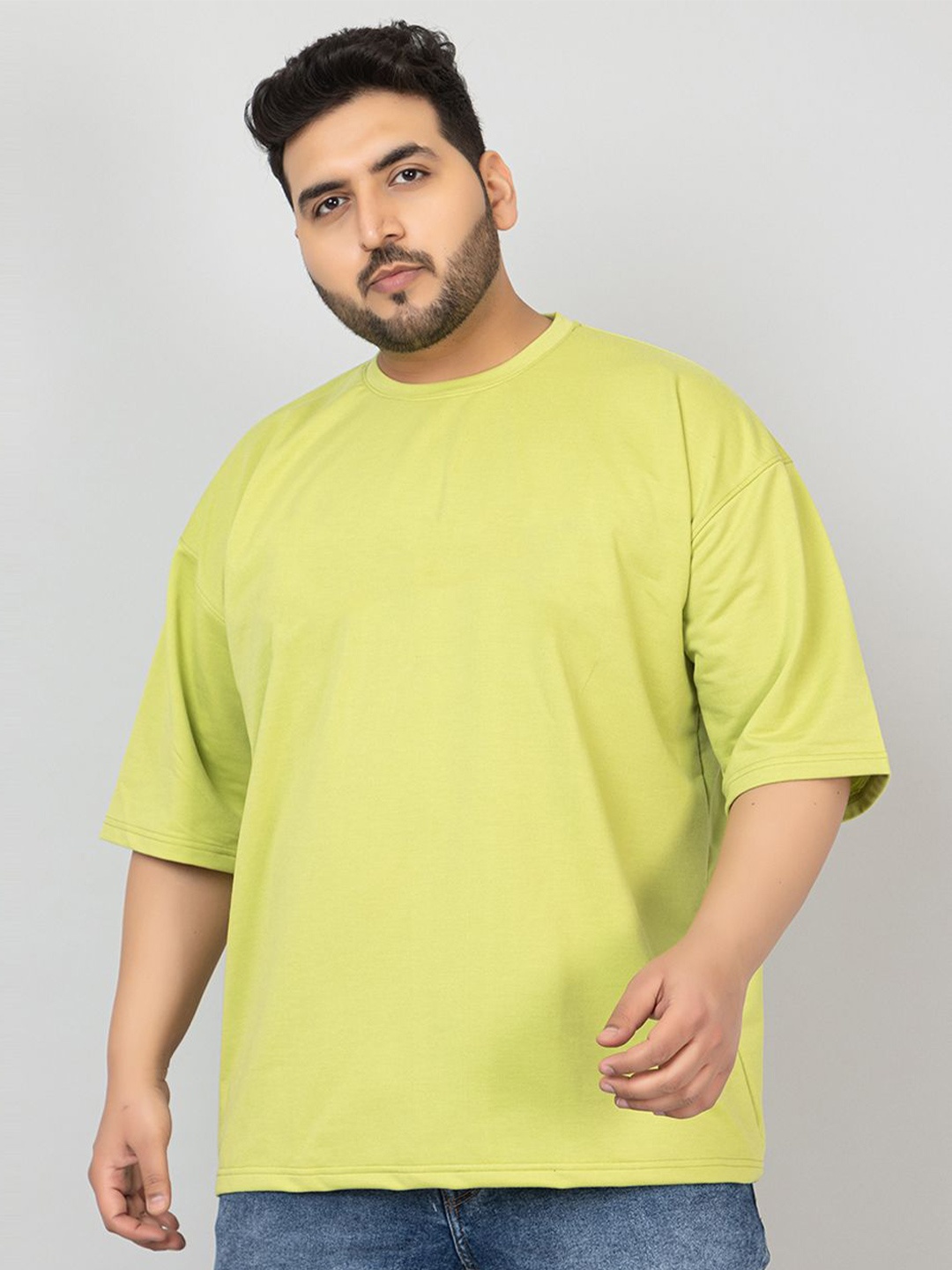 

CHKOKKO Men Plus Size Solid Round Neck Oversized Cotton T-shirt, Green