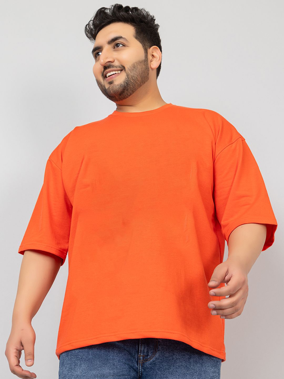 

CHKOKKO Men Plus Size Solid Round Neck Oversized Cotton T-shirt, Orange