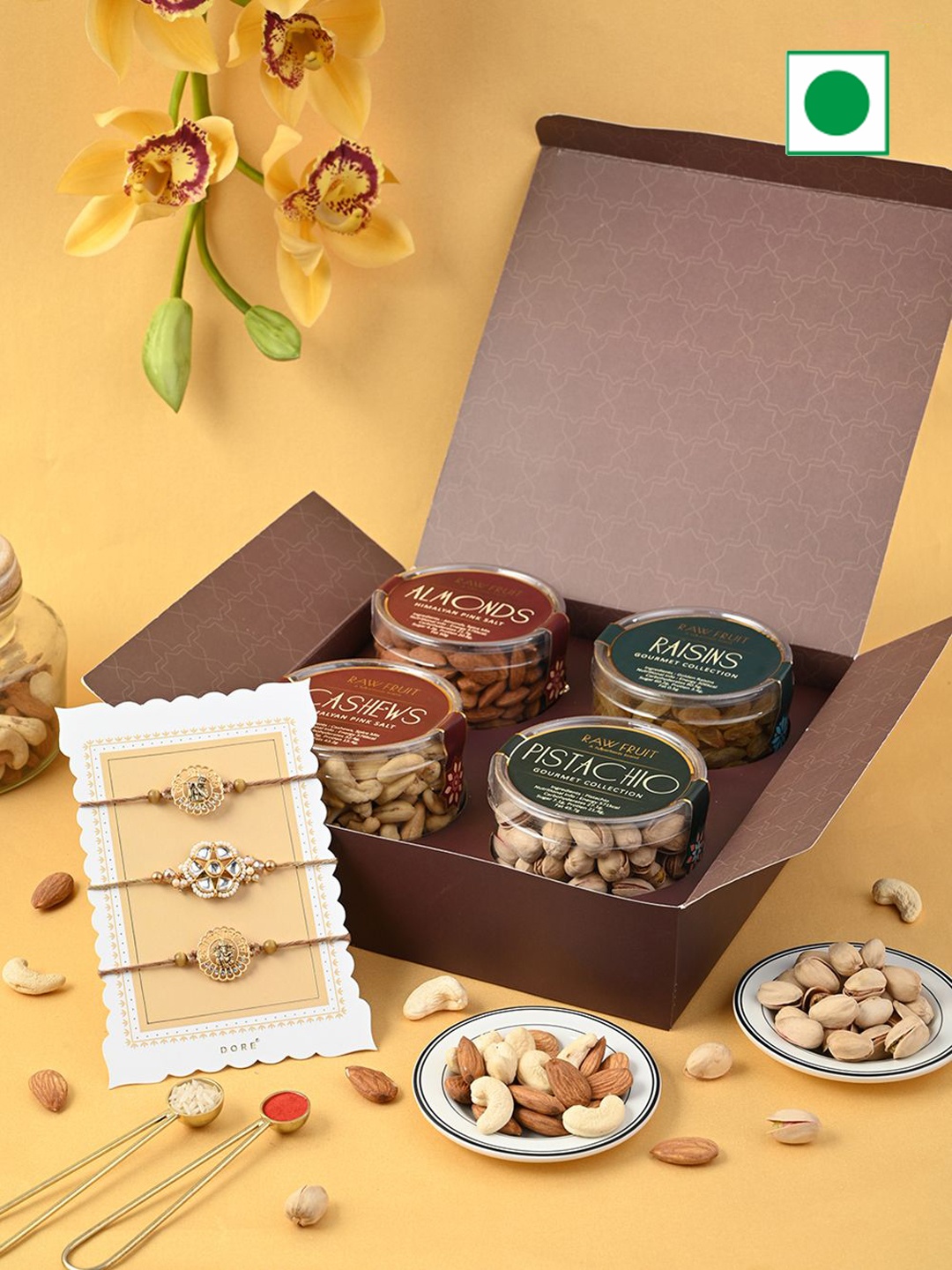 

RawFruit Set Of 3 Rakhi & Dry Fruits Gift Pack, Brown