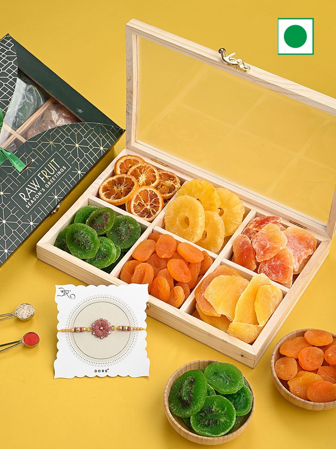 

RawFruit Nut & Fruit Tray & 2 Piece Rakhi Set, Green