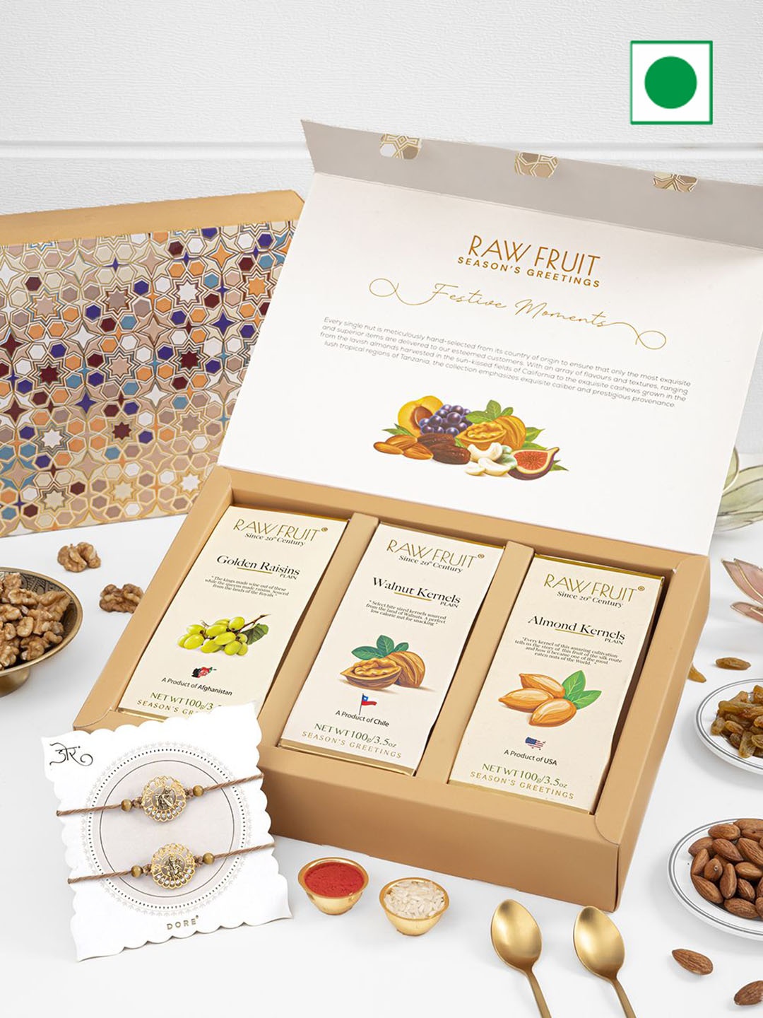 RawFruit Dry Fruits Gift Box & 2 Piece Rakhi Set, Brown