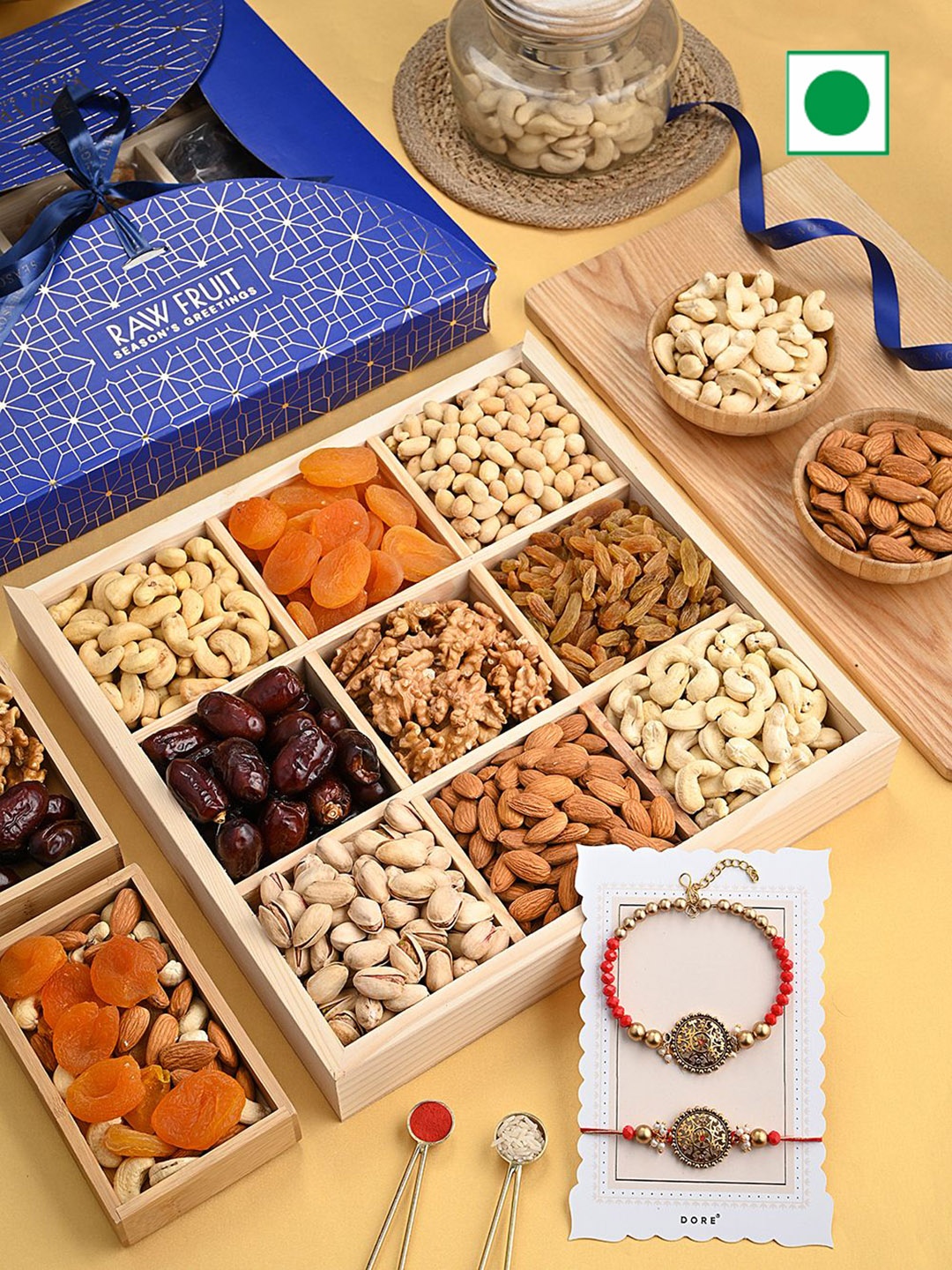 

RawFruit Dry Fruits & 2 Piece Bhaiya Bhabhi Rakhi Set, Blue