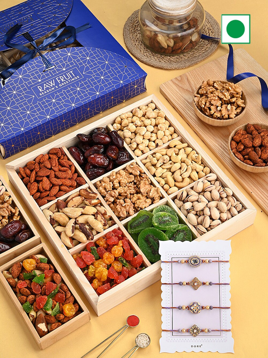 

RawFruit Premium Dry Fruits & 4 Piece Rakhi Set, Blue
