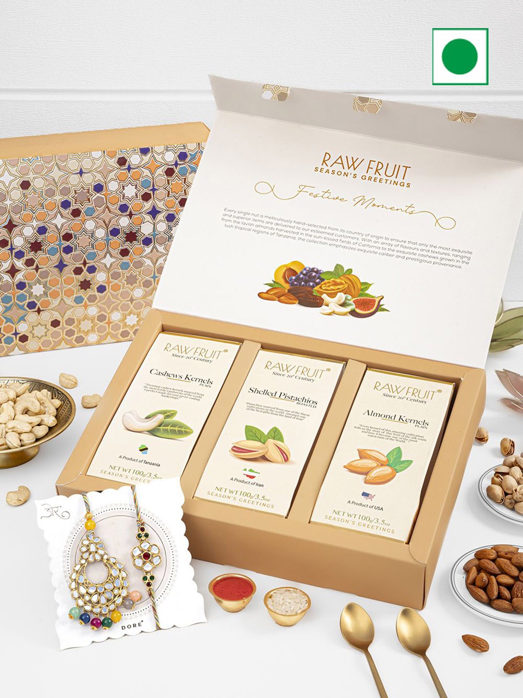 

RawFruit Dry Fruits & Bhaiya Bhabhi Rakhi Set, Brown