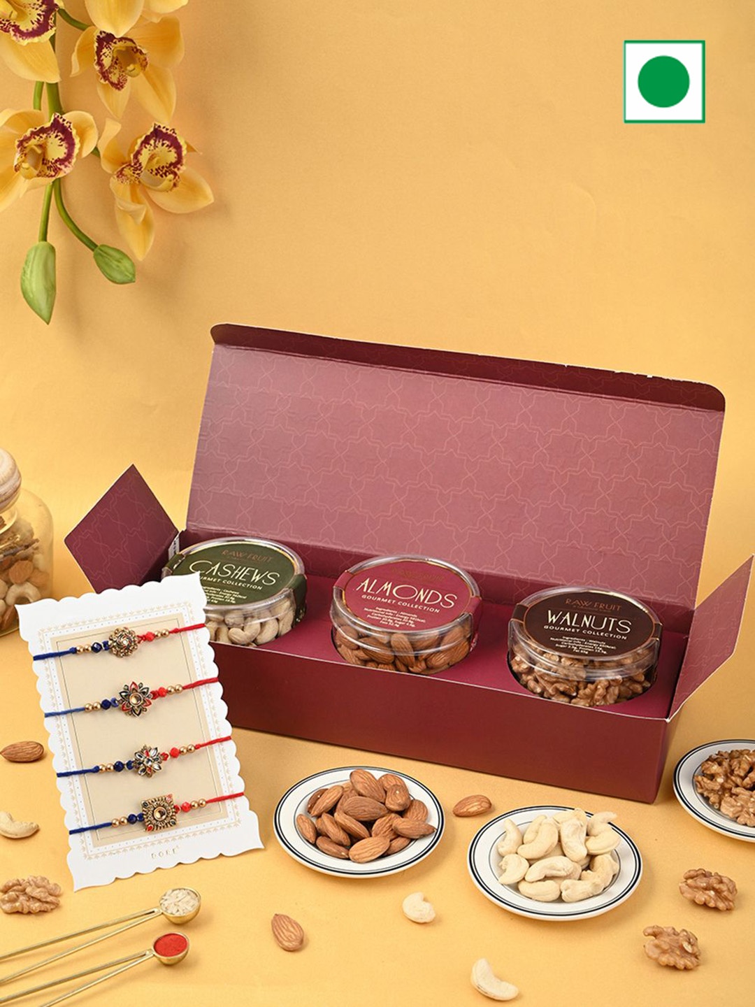 

RawFruit Set of 4 Rakhi & Dry Fruits Gift Pack, Maroon