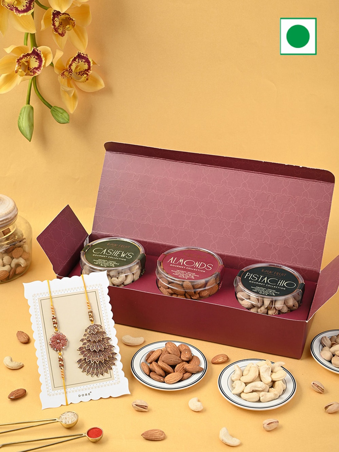

RawFruit Set Of Bhaiya Bhabhi Rakhi & Dry Fruits Gift Box, Maroon