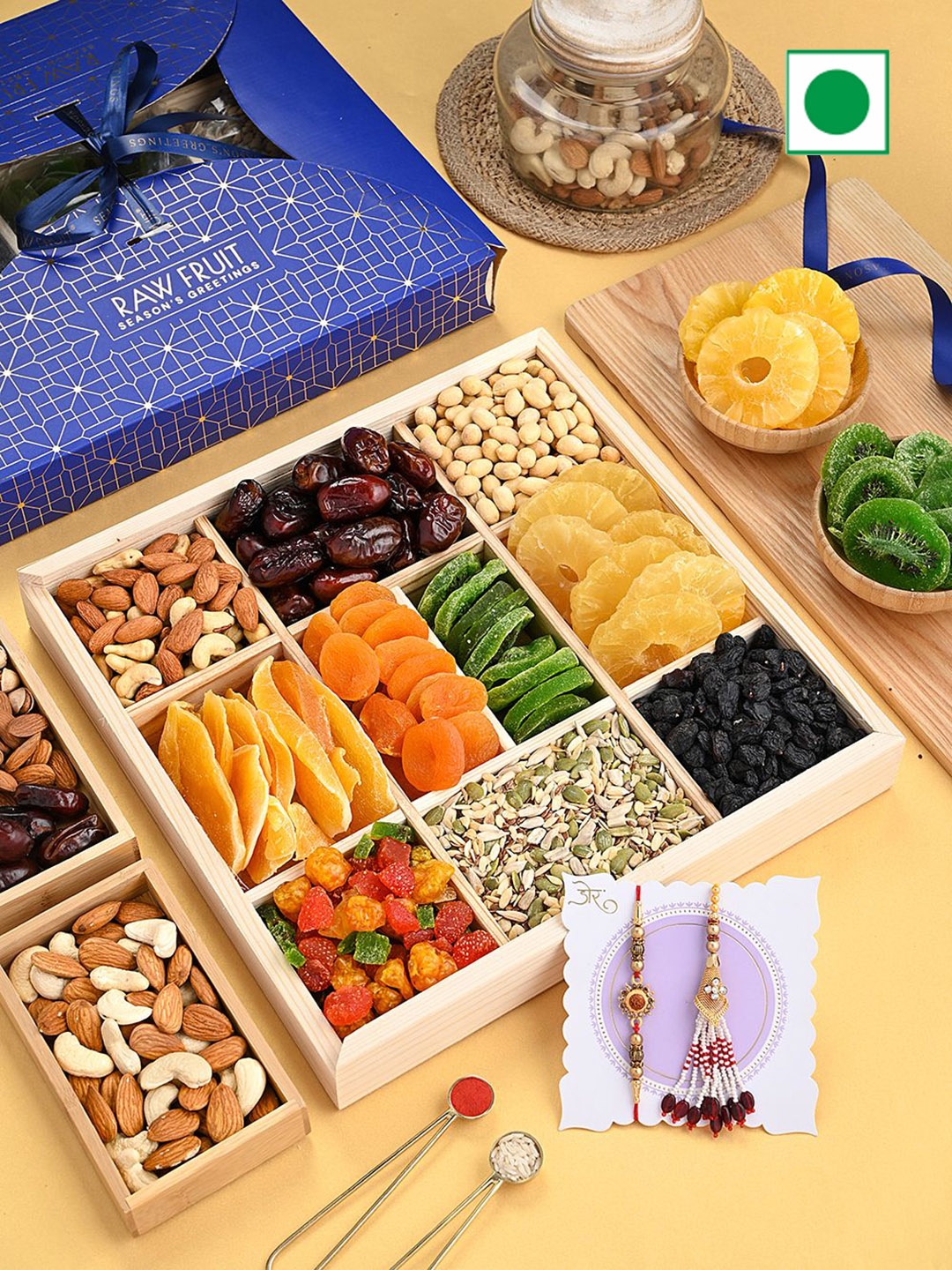 

RawFruit Dry Fruits & Bhaiya Bhabhi Rakhi Wooden Tray Gift Box, Blue