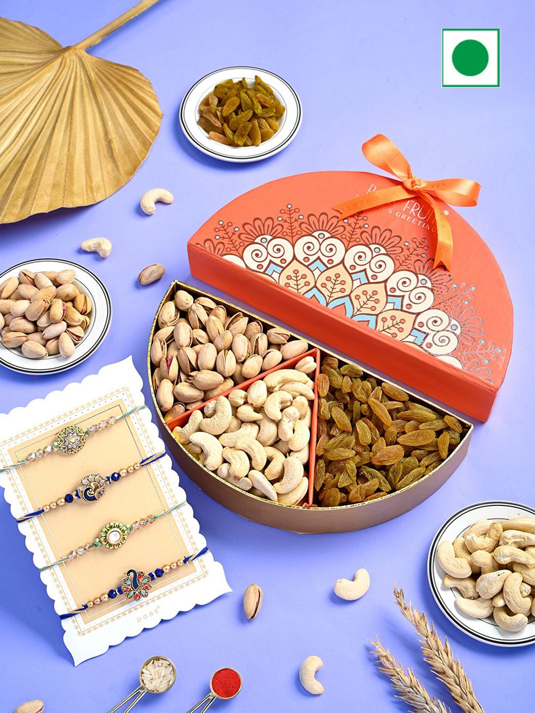 

RawFruit Rakshabandhan Special Set of 4 Rakhi & Dry Fruits Gift Set, Blue