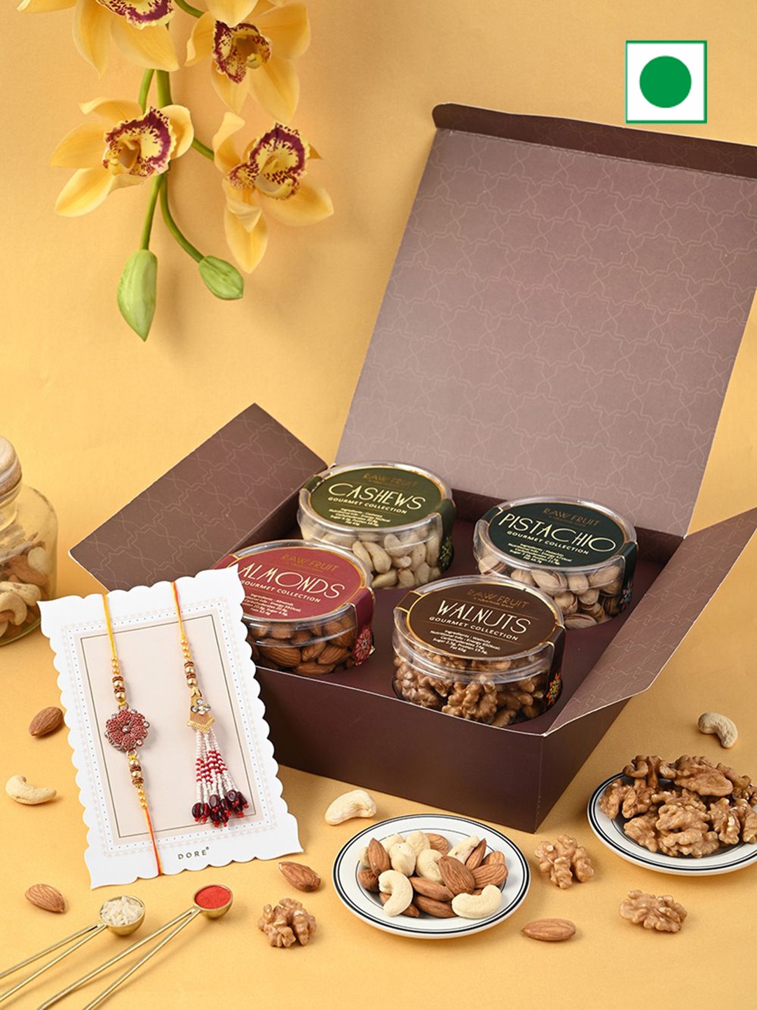 RawFruit Bhaiya Bhabhi Rakhi & Dry Fruits Gift Set, Brown
