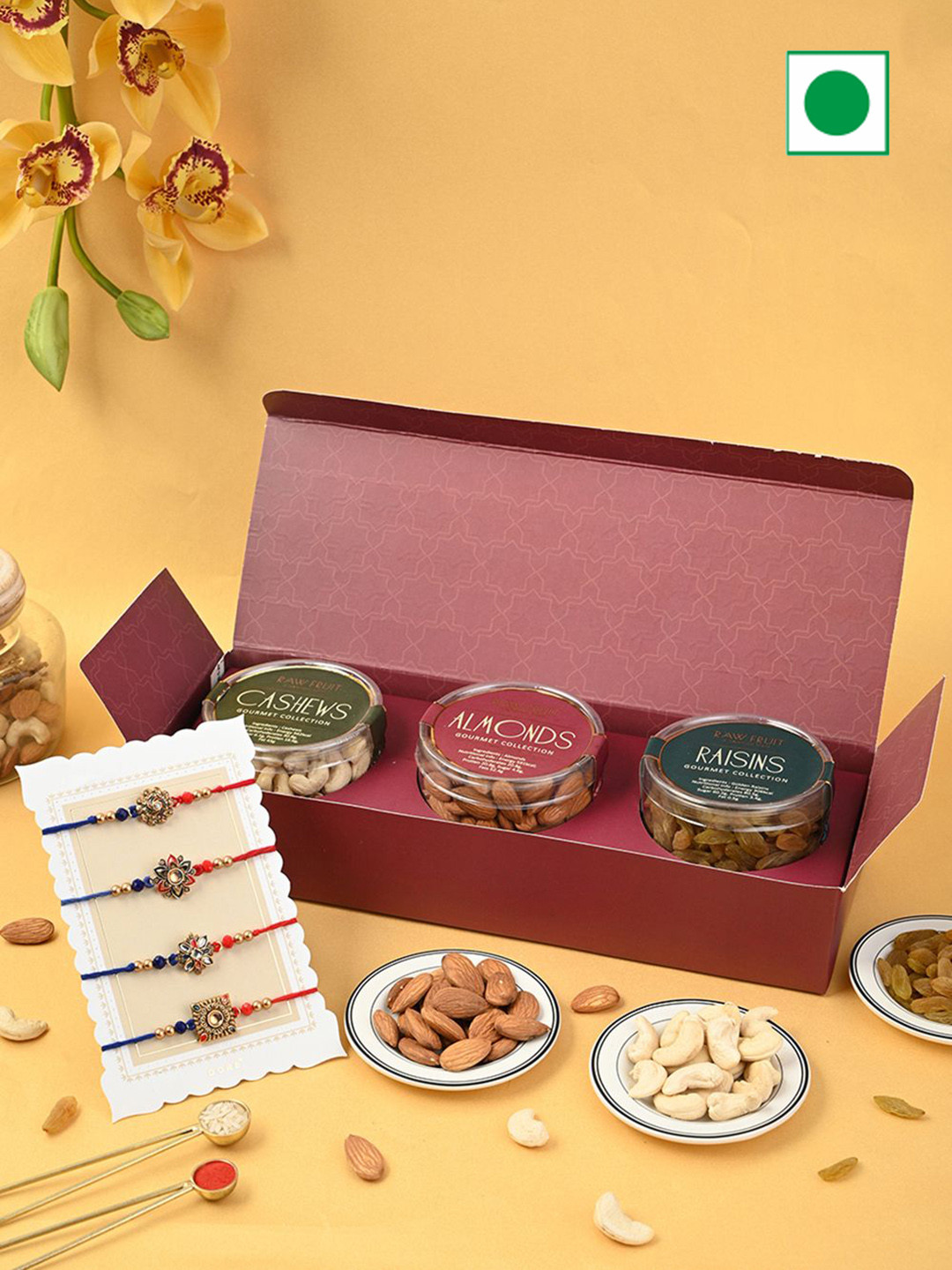 

RawFruit Set of 4 Rakhi & Dry Fruits Gift Box, Maroon