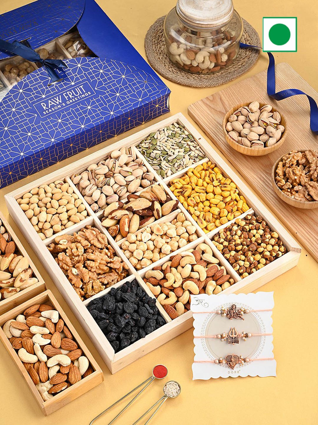 

RawFruit Dry Fruits & 3 Piece Rakhi Combo, Blue