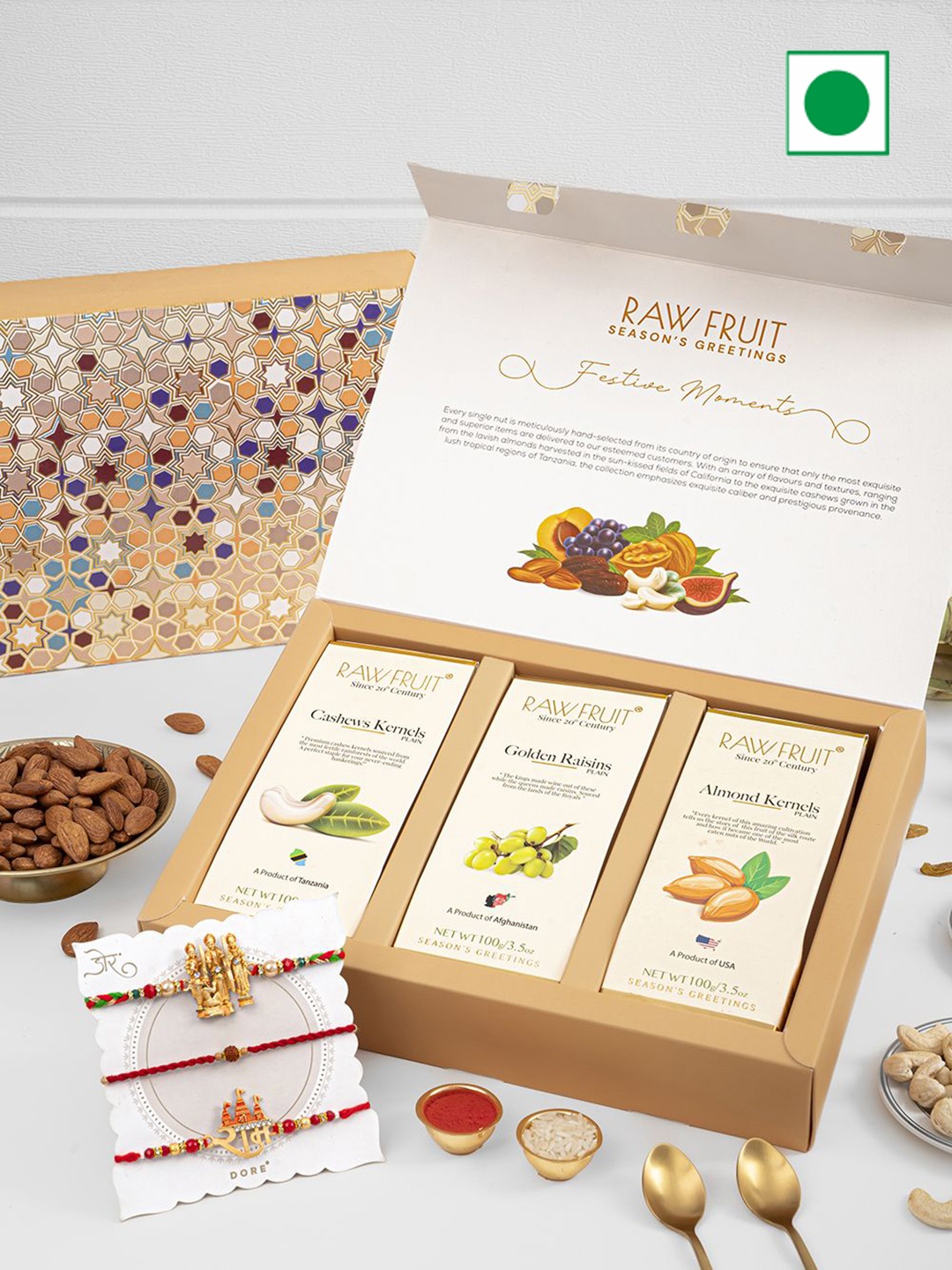 

RawFruit Dry Fruits & 3 Piece Rakhi Combo, Brown