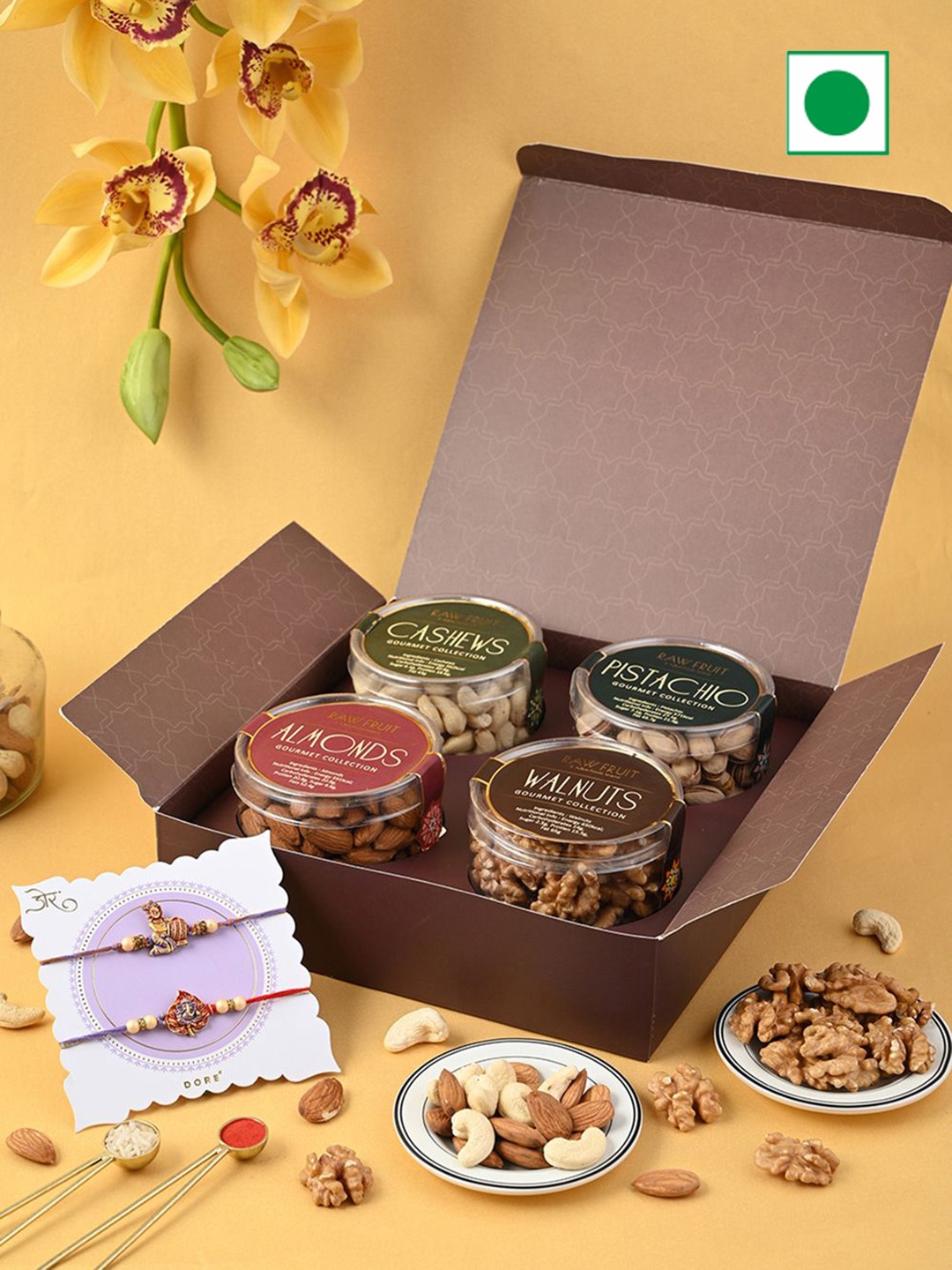 RawFruit Set of 2 Rakhi & Dry Fruits Gift Set, Brown