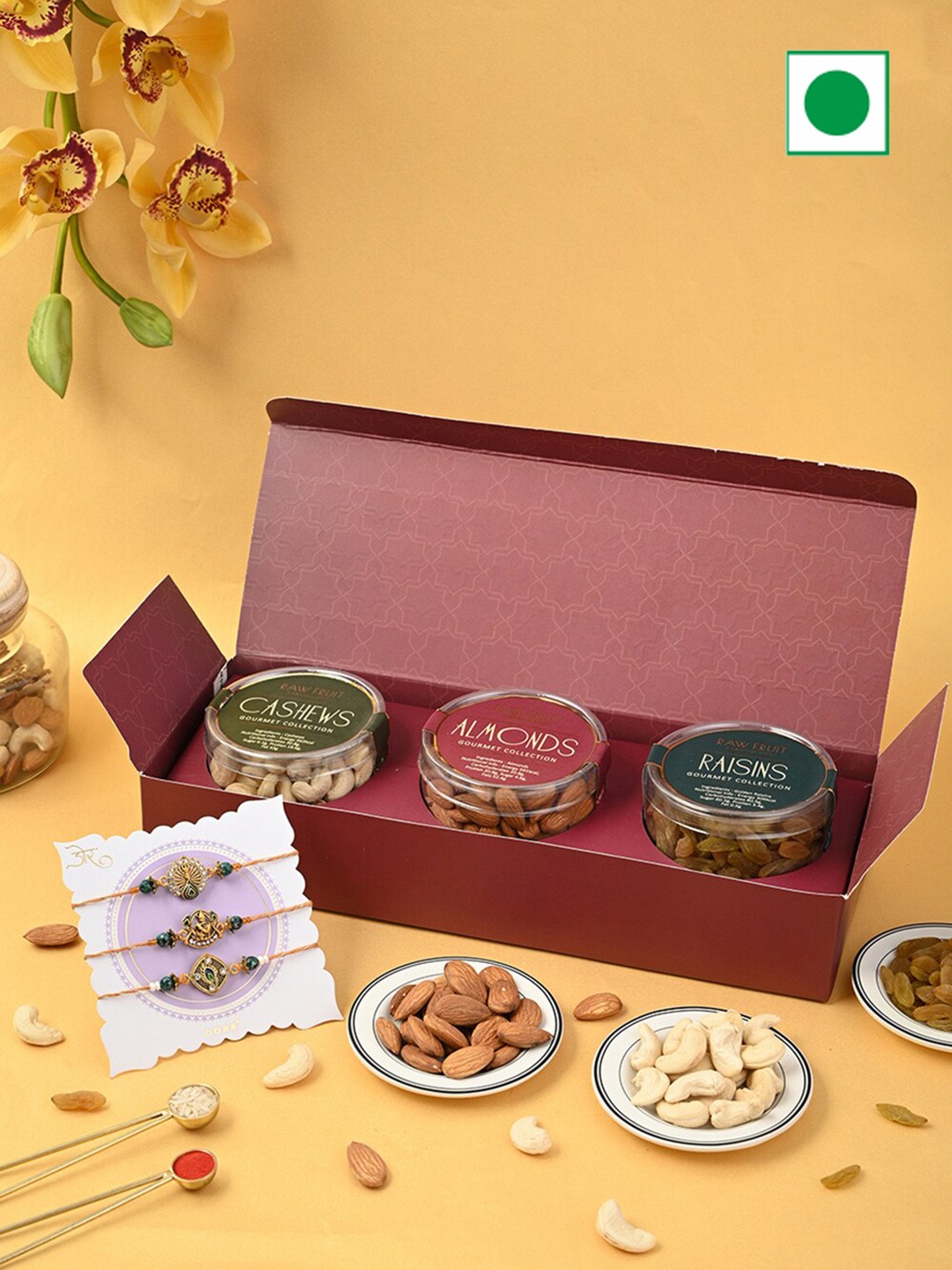 

RawFruit Set of 3 Rakhi & Dry Fruits Gift Box, Maroon