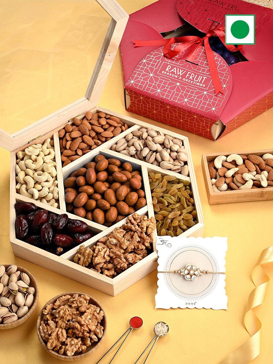 

RawFruit Dry Fruits & Rakhi Wooden Gift Box, Red
