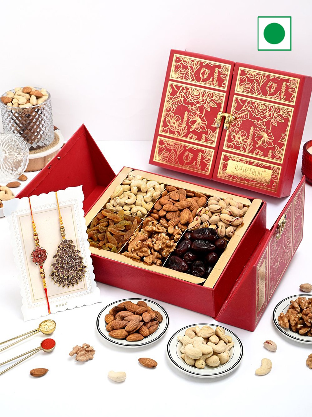 

RawFruit Bhaiya Bhabhi Rakhi & Dry Fruits Combo Set, Red