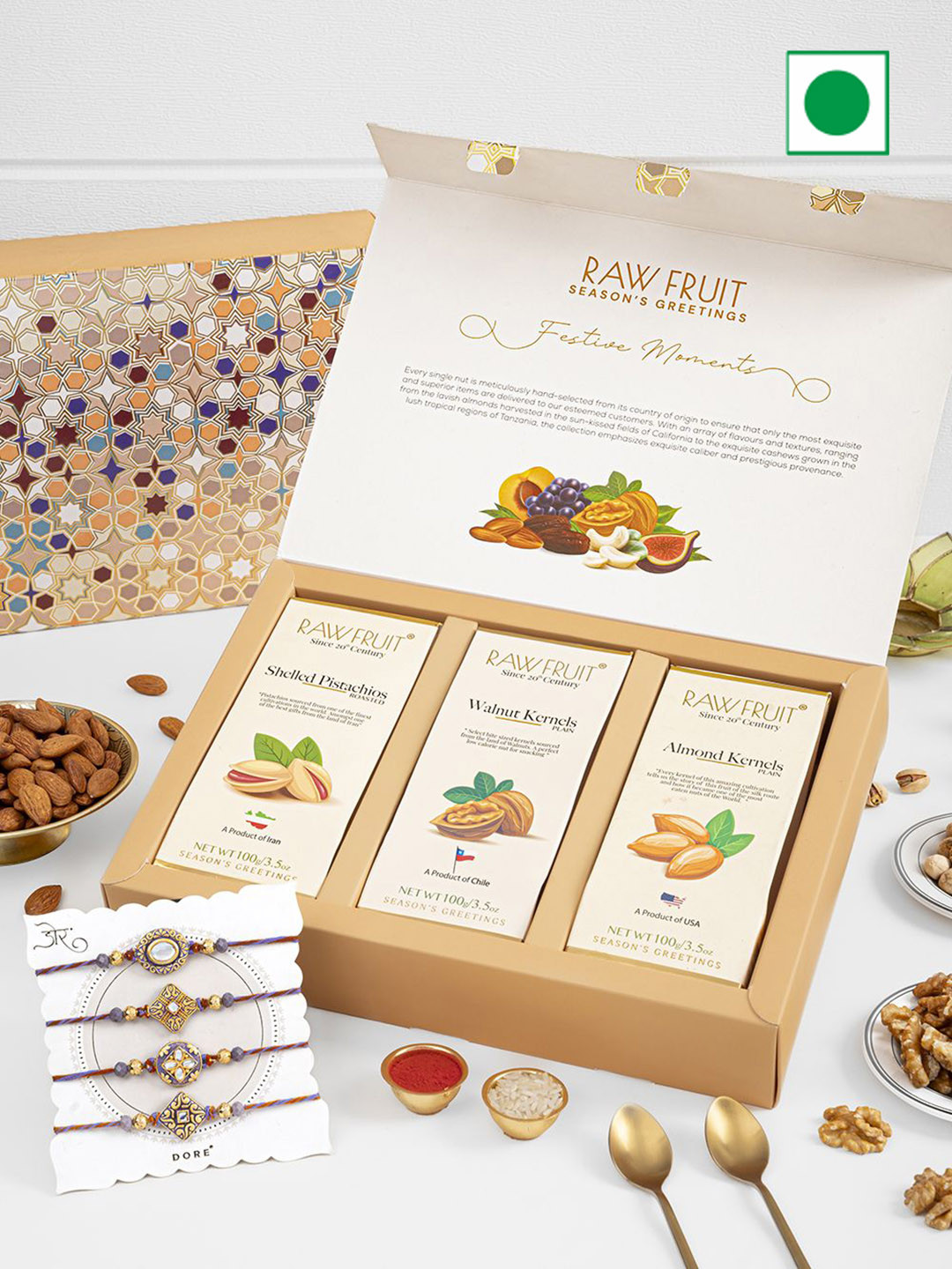 

RawFruit Dry Fruits & 4 Piece Rakhi Gift Pack, Brown
