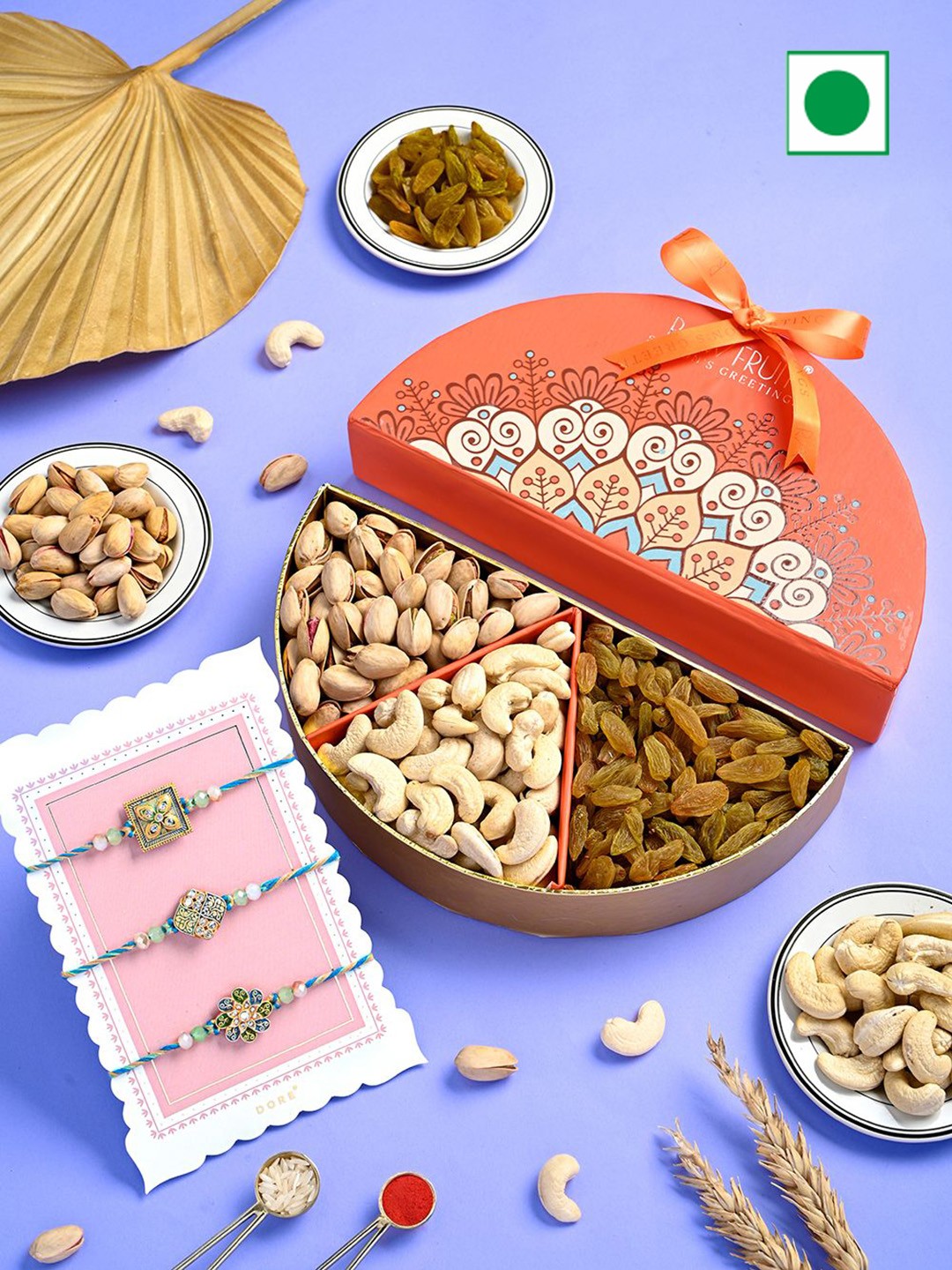 

RawFruit Rakshabandhan Special Set of 3 Rakhi & Dry Fruits Gift Set, Orange