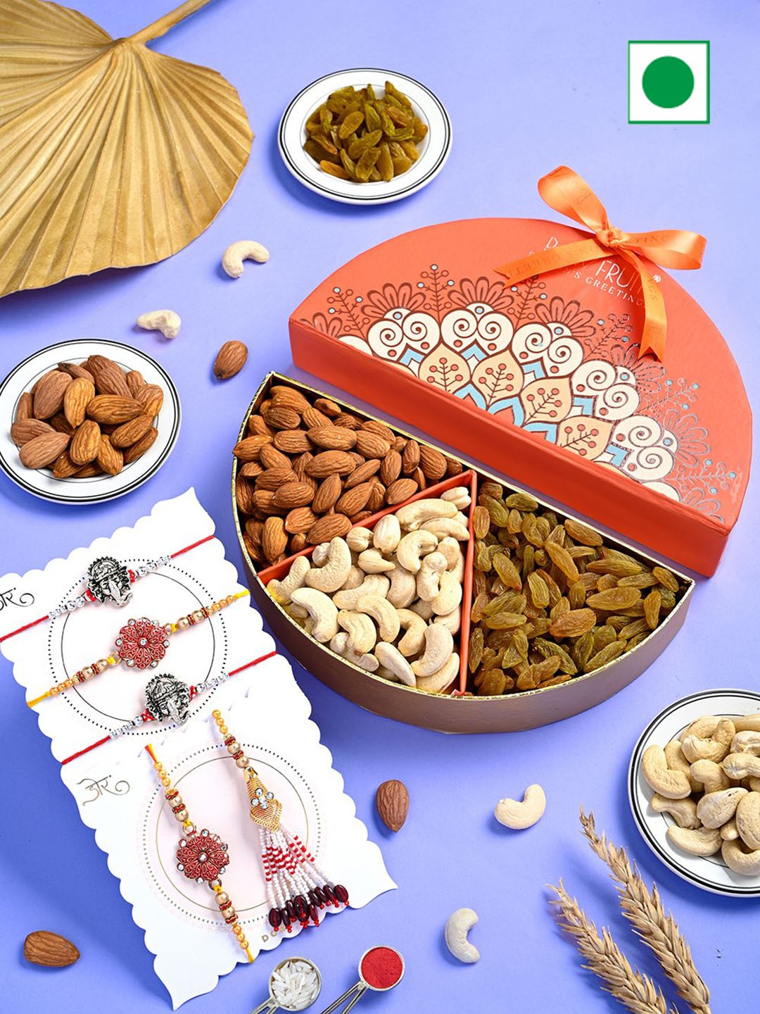 

RawFruit Set of 5 Rakhi & Dry Fruits Gift Set, Orange