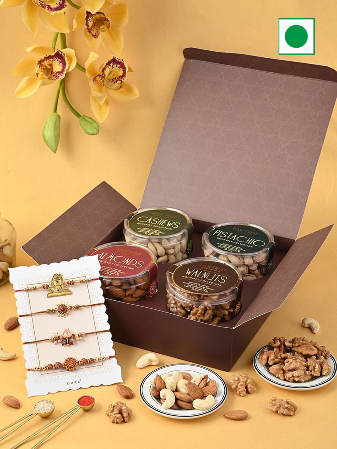 

RawFruit Set of 4 Rakhi & Dry Fruits Gift Pack, Brown