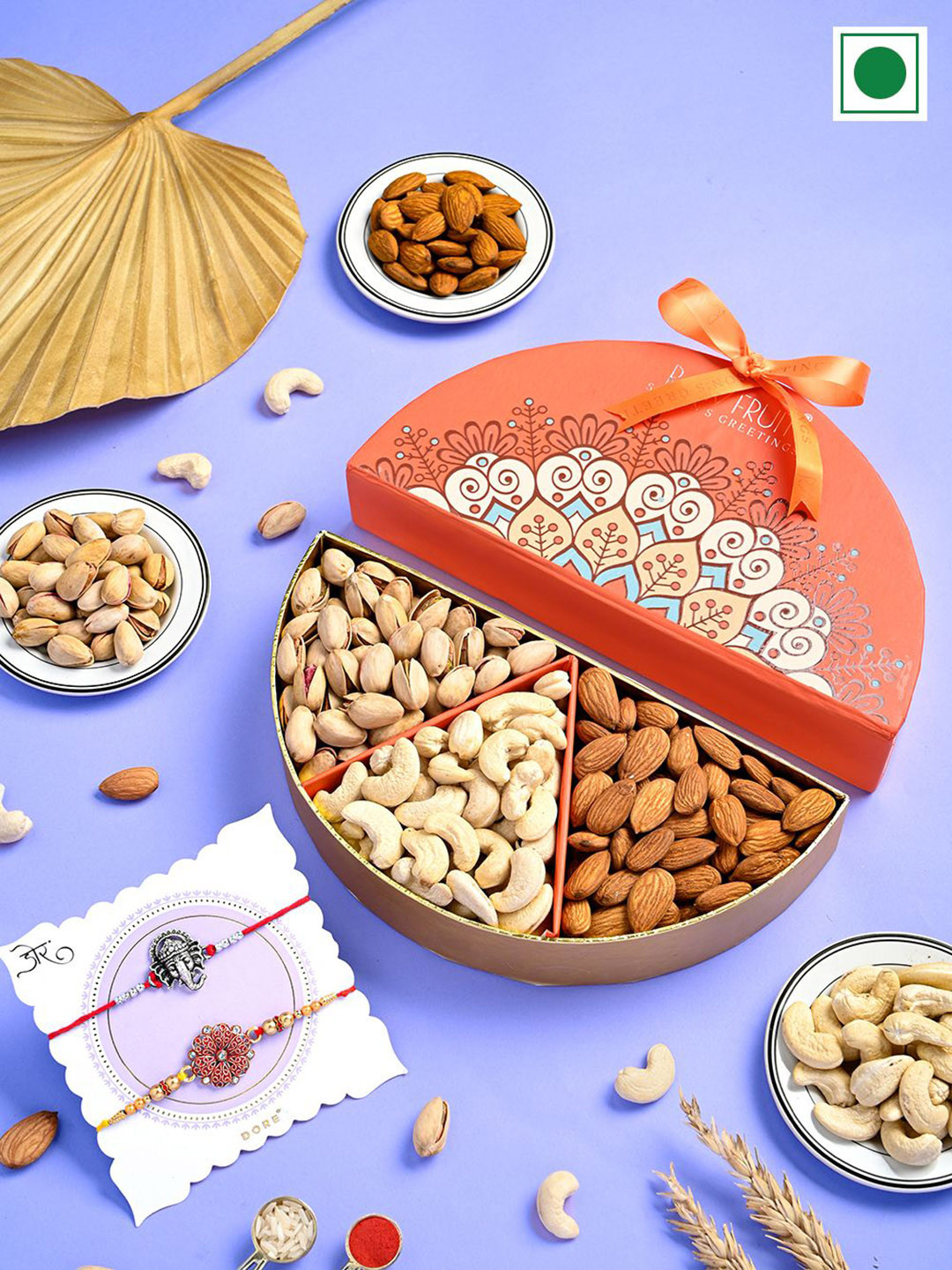 

RawFruit Set of 2 Rakhi & DryFruits Gift Set, Orange