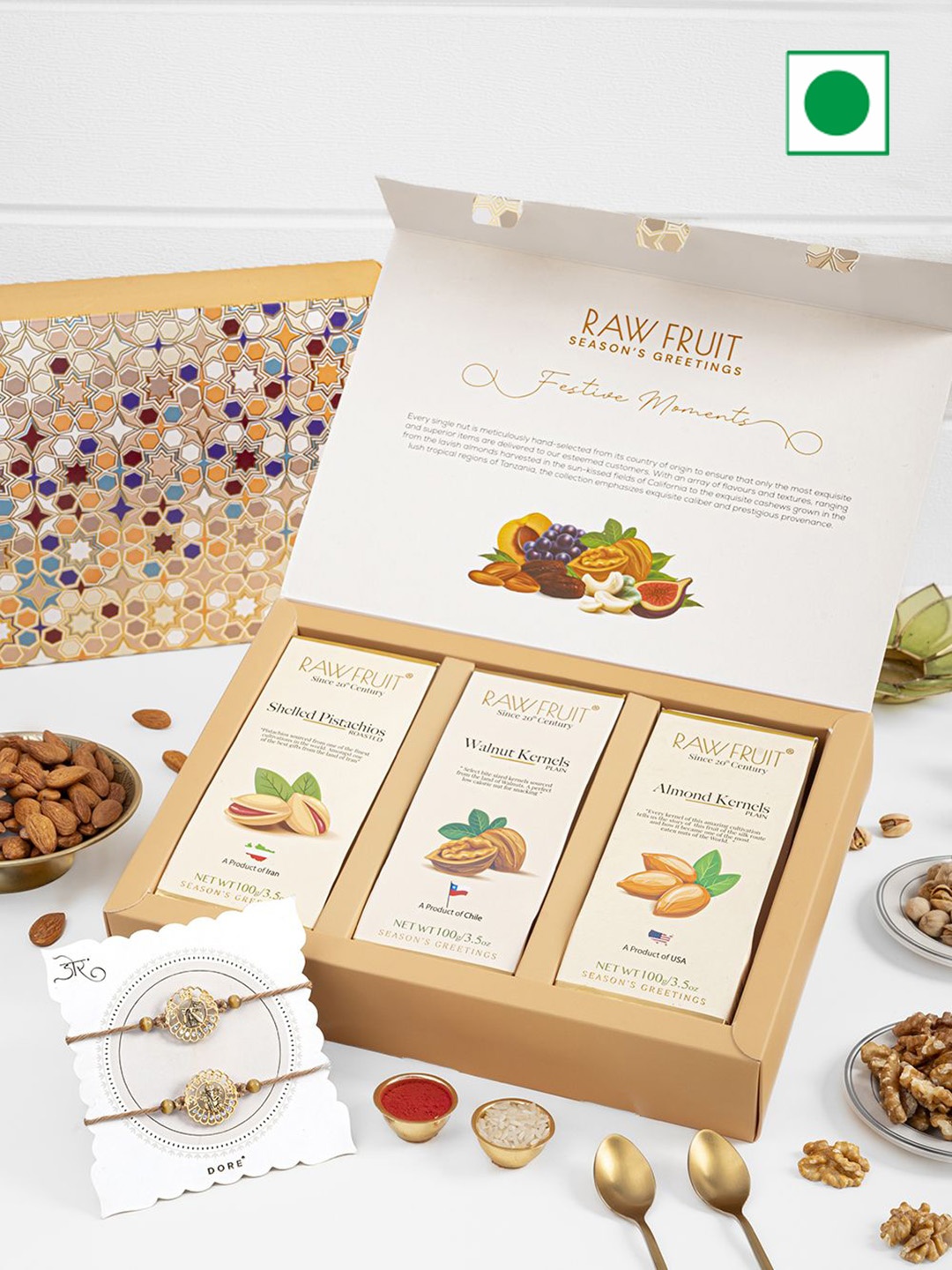 RawFruit Dry Fruits & 2 Piece Rakhi Gift Pack, Brown