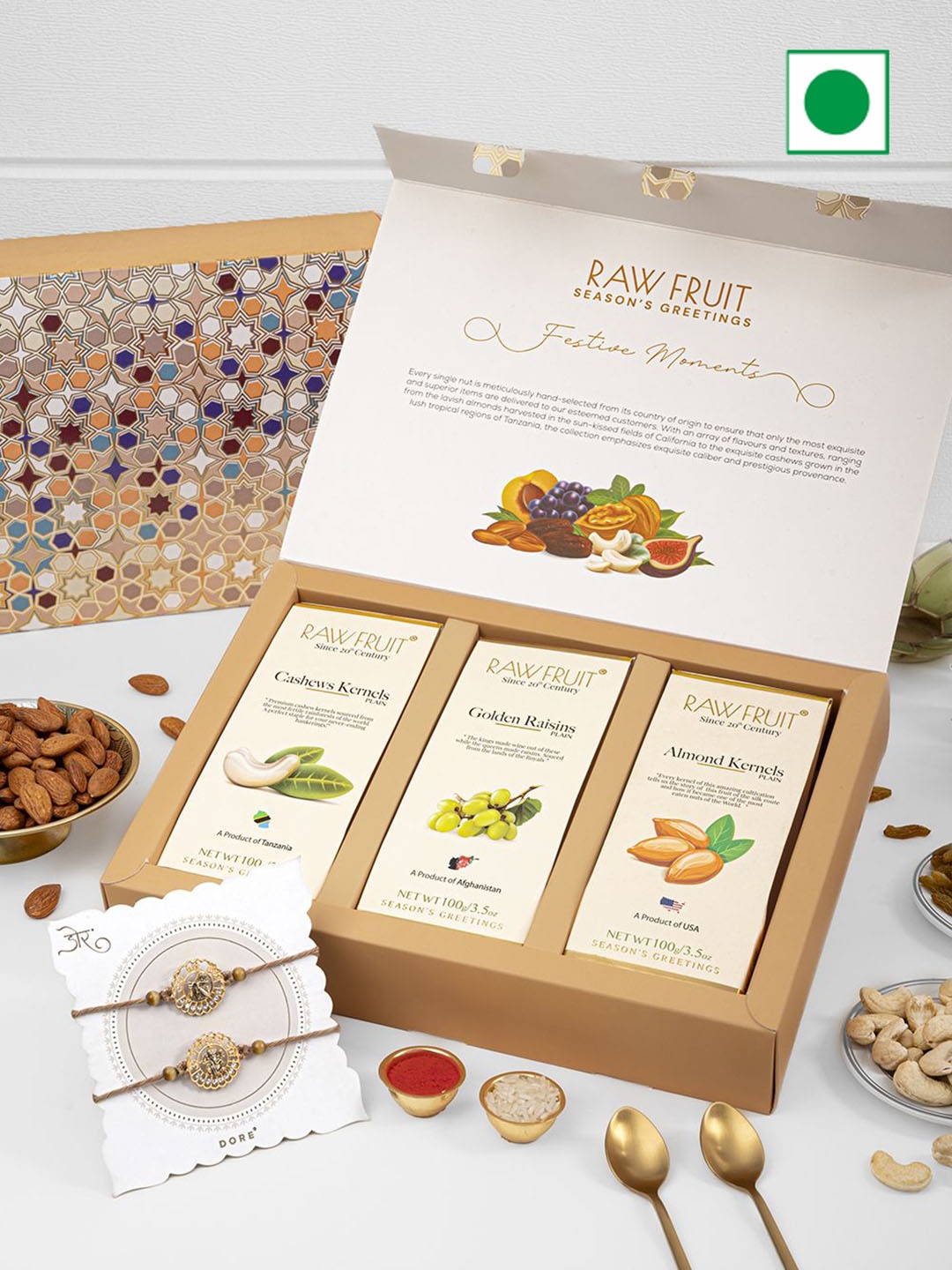 

RawFruit Dry Fruit & 2 Piece Rakhi Combo Pack, Brown