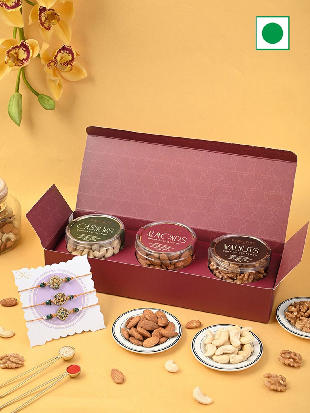 

RawFruit Set of 3 Rakhi & Dry Fruits Gift Pack, Maroon
