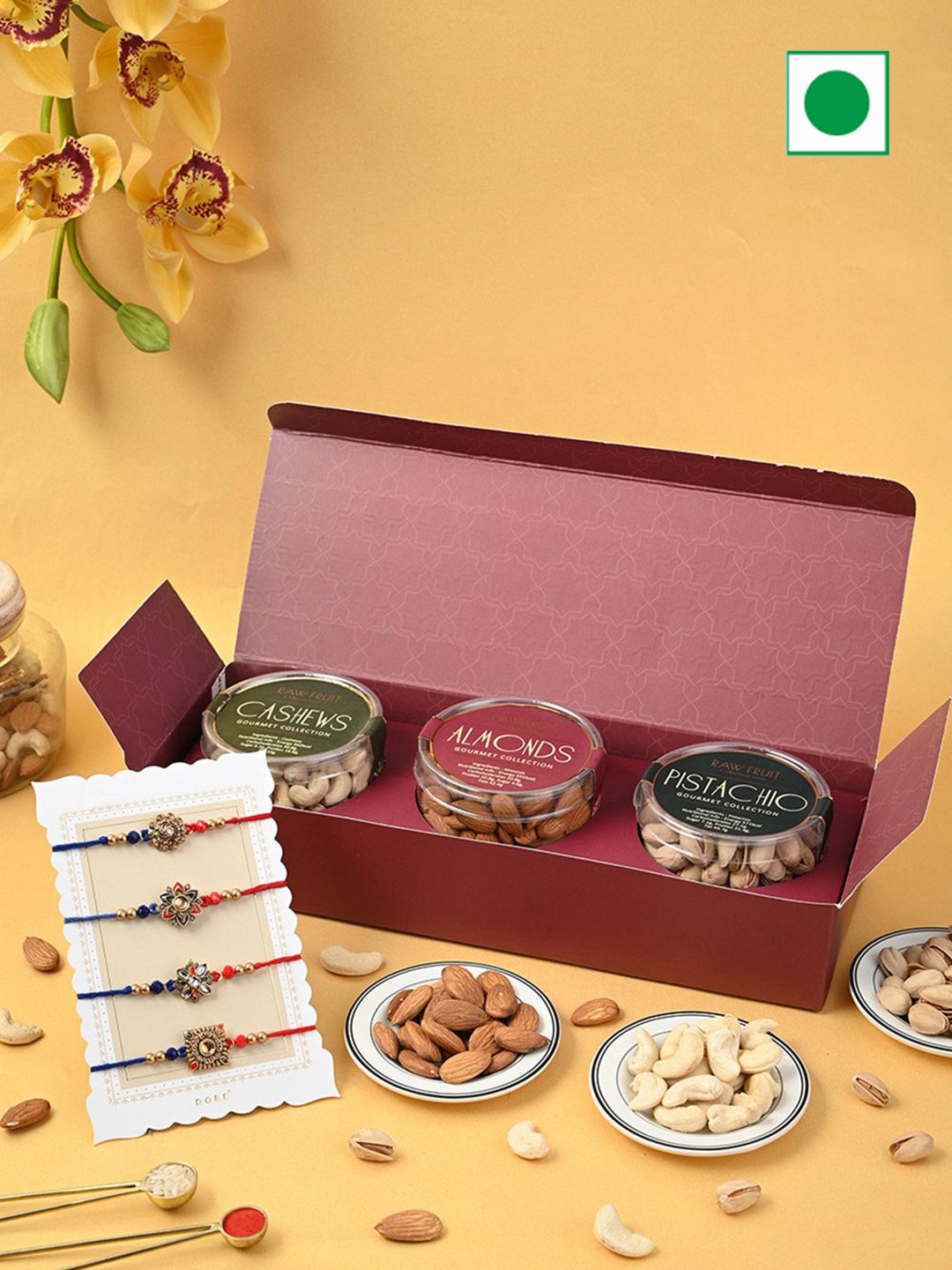

RawFruit Set of 4 Rakhi & Dry Fruits Gift Box, Maroon