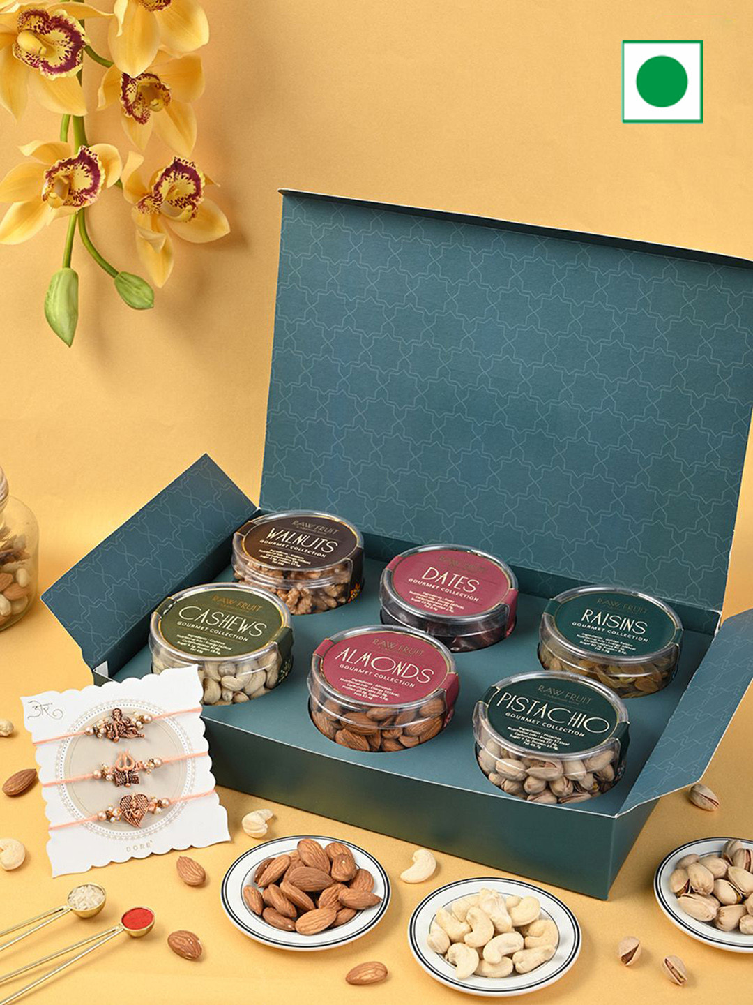 

RawFruit Set of 3 Rakhi & Dry Fruits Gift Set, Green
