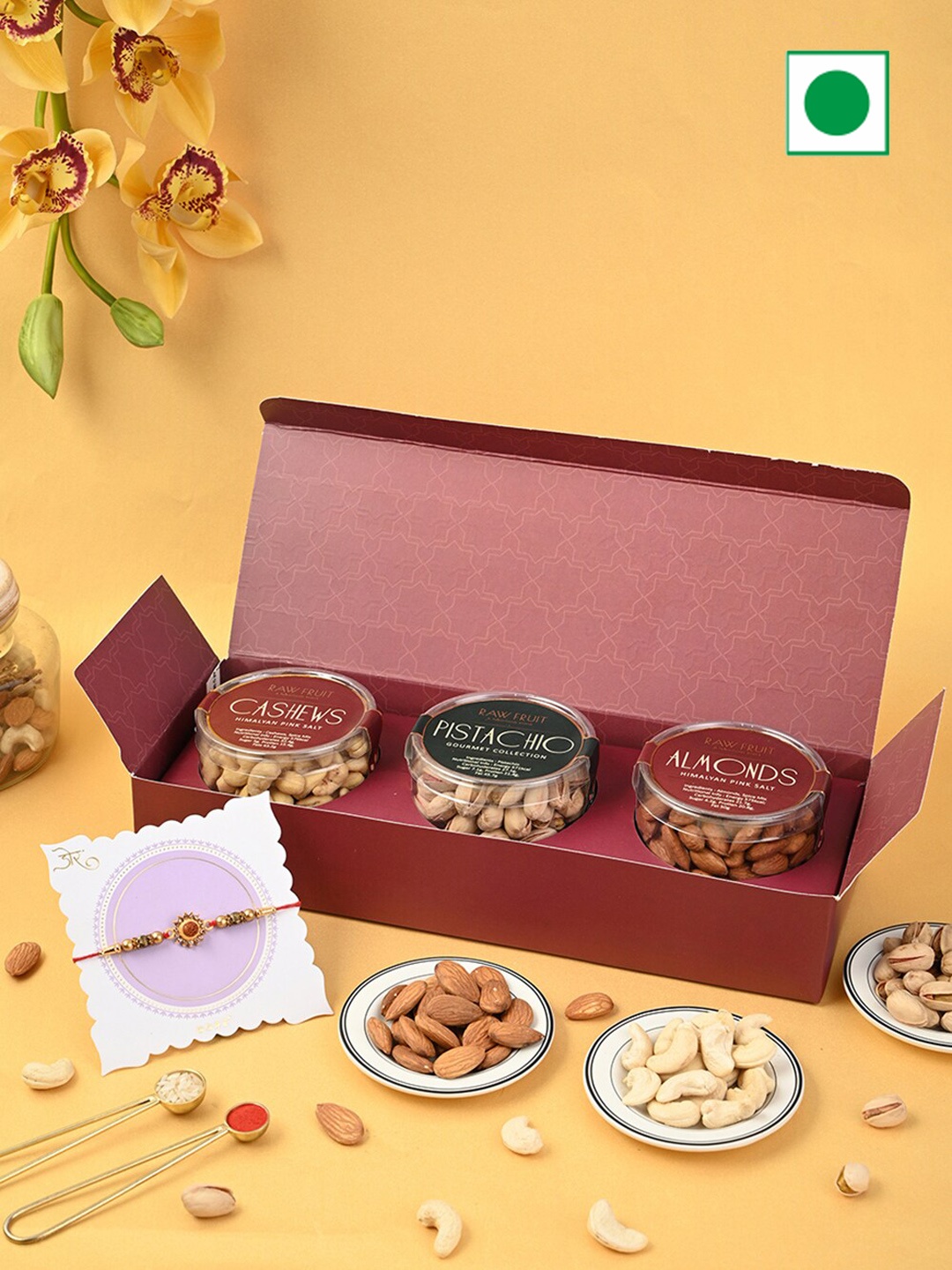 

RawFruit Set of 1 Rakhi & Dry Fruits Festive Box, Maroon